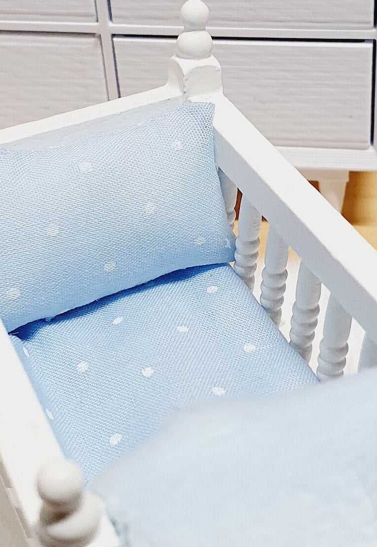 Dolls House Crib Bedding Set – Blue Polka Dot Design, Handmade in England, 1:12 Scale