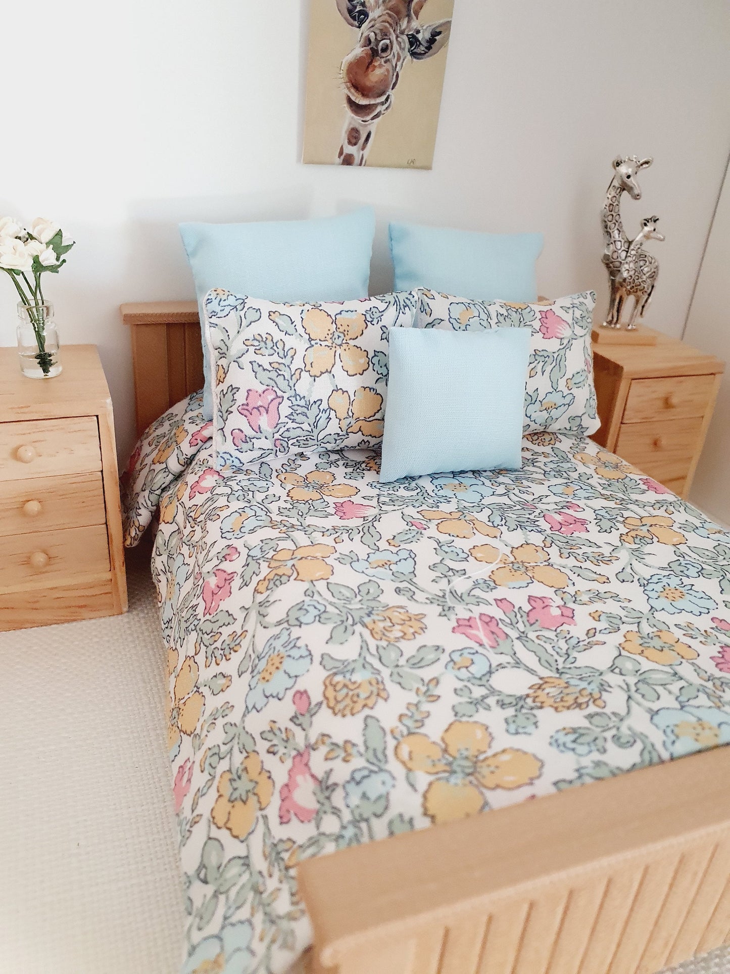 Dolls house 6 piece set, Double bedding, Liberty floral print, 12th scale bedding, miniature bed set