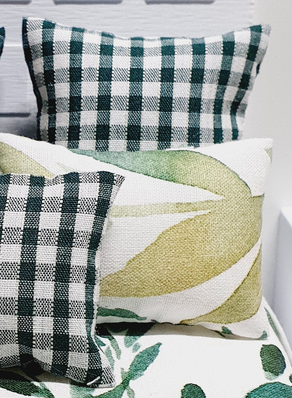 Dolls house Green & White Leaf Design double bedding set, 6 piece set, 12th scale, miniature bedding