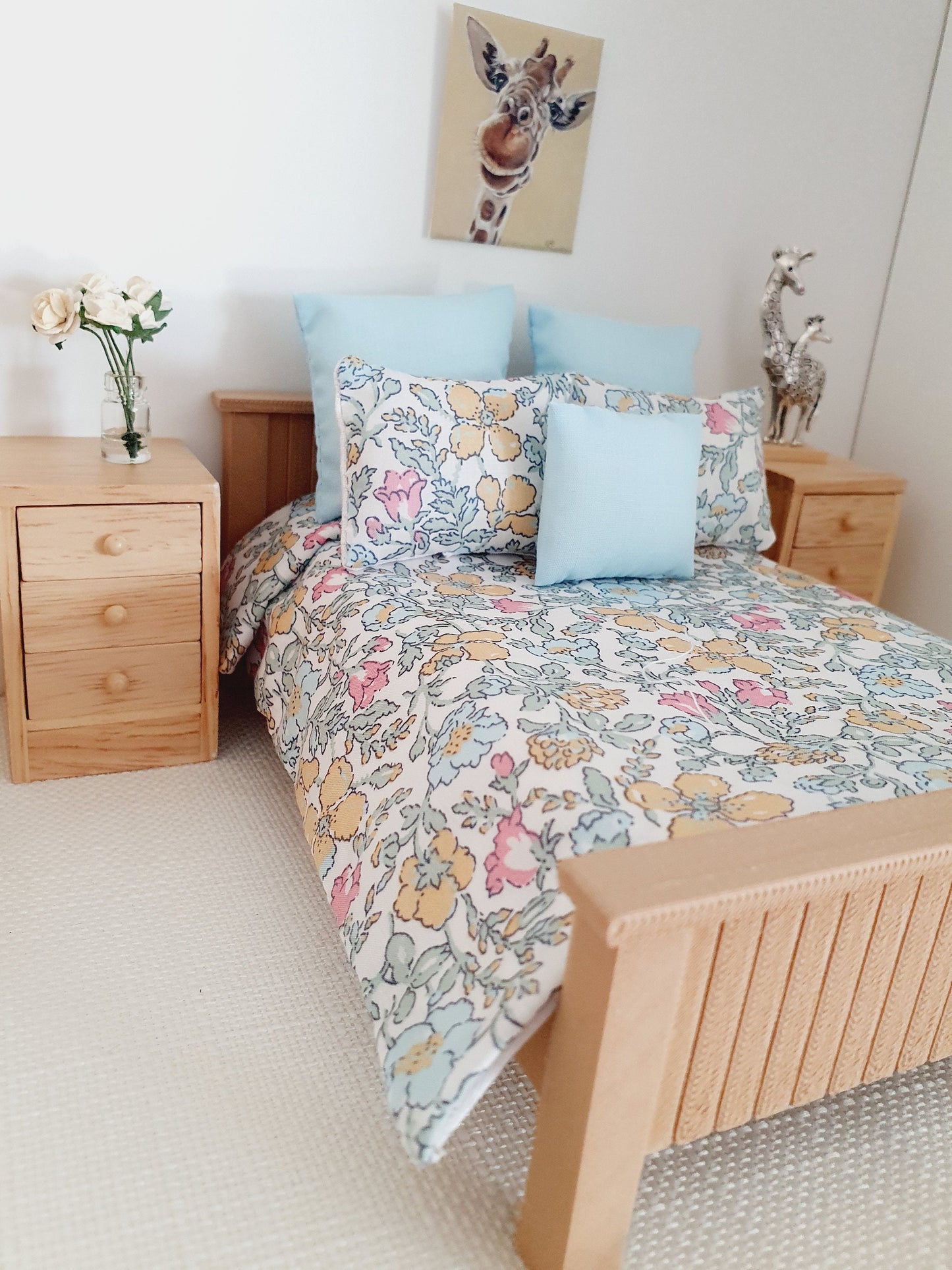 Dolls house 6 piece set, Double bedding, Liberty floral print, 12th scale bedding, miniature bed set