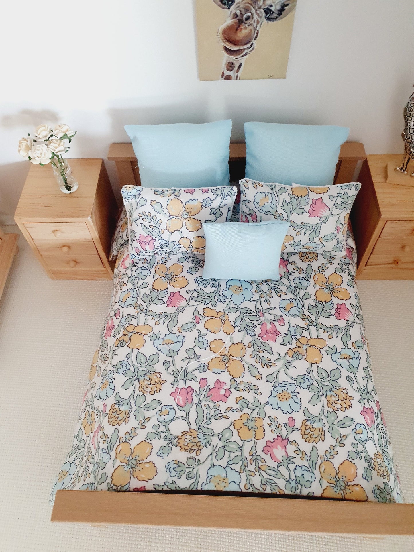 Dolls house 6 piece set, Double bedding, Liberty floral print, 12th scale bedding, miniature bed set
