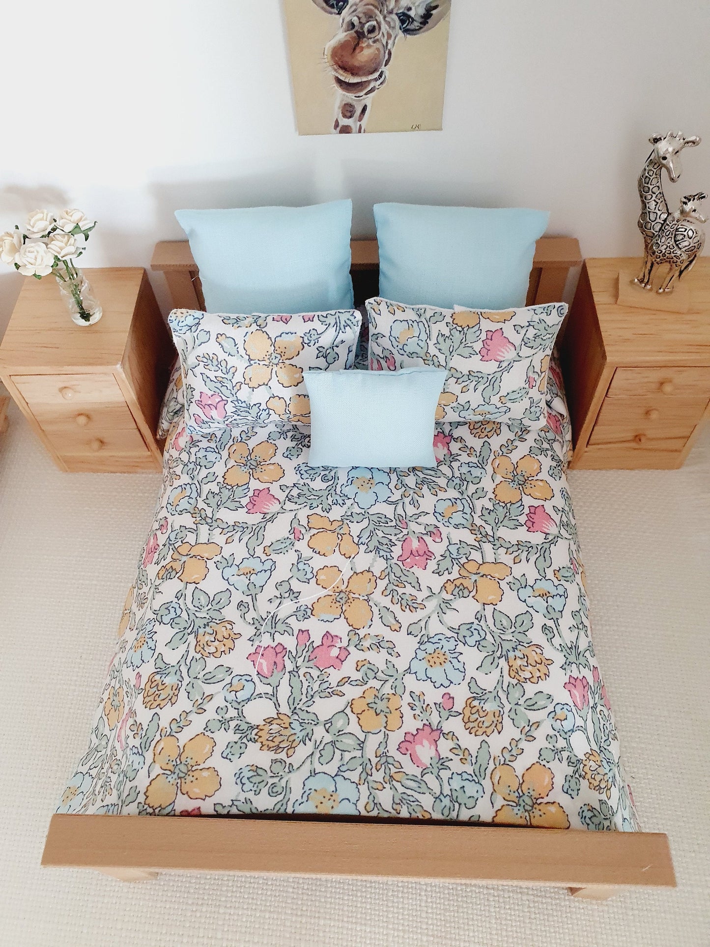Dolls house 6 piece set, Double bedding, Liberty floral print, 12th scale bedding, miniature bed set