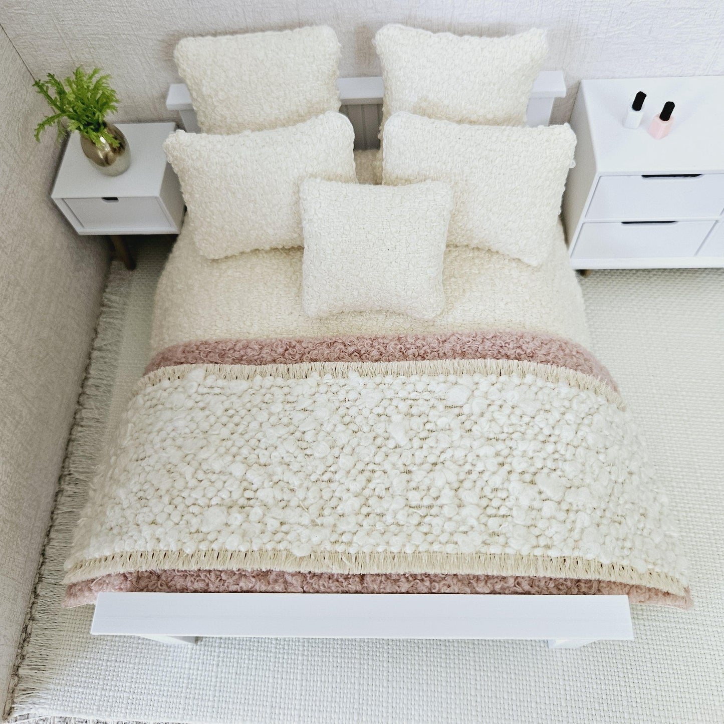 Dolls house 8 piece set, Double bedding, Cosy Cream boucle with pink throw & cream throw, 12th scale bedding, miniature bed set