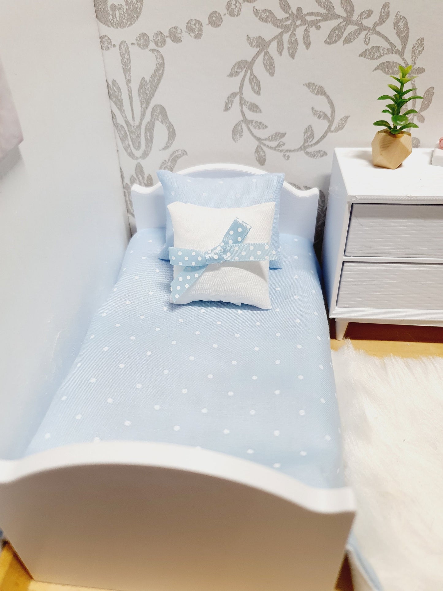 Dolls House Junior Bedding Set – Polka Dots in Lilac, Blue, Pink, White, Handmade in England, 1:12 Scale