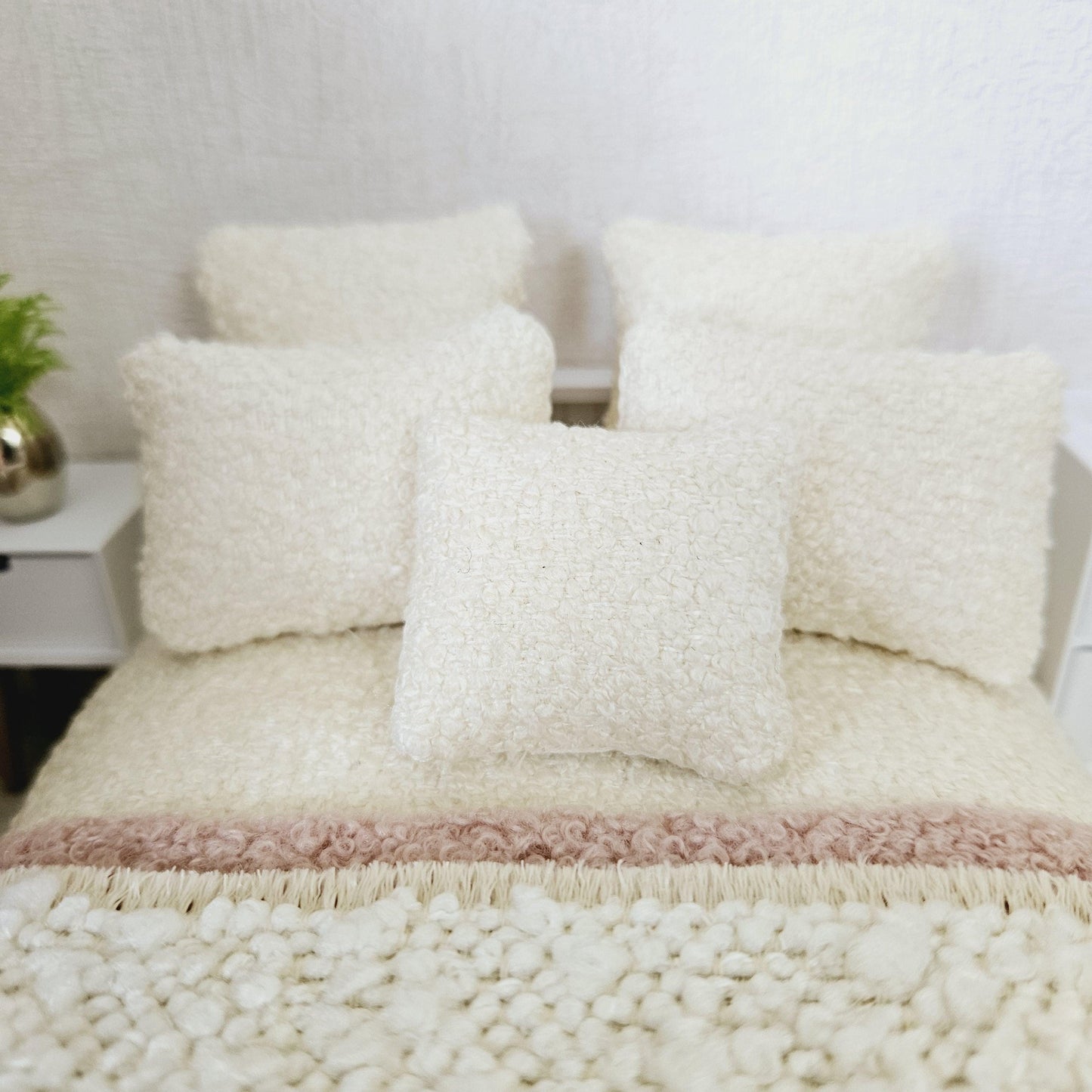 Dolls house 8 piece set, Double bedding, Cosy Cream boucle with pink throw & cream throw, 12th scale bedding, miniature bed set