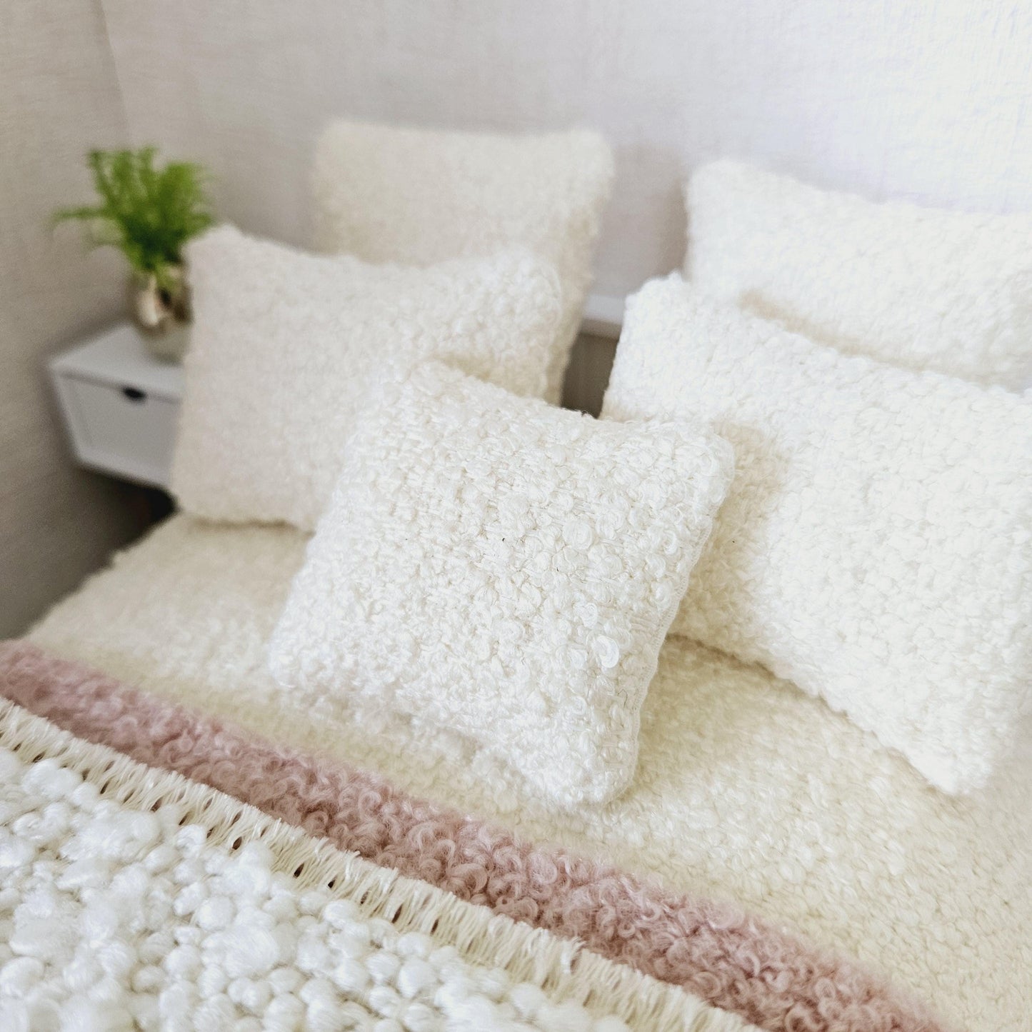 Dolls house 8 piece set, Double bedding, Cosy Cream boucle with pink throw & cream throw, 12th scale bedding, miniature bed set