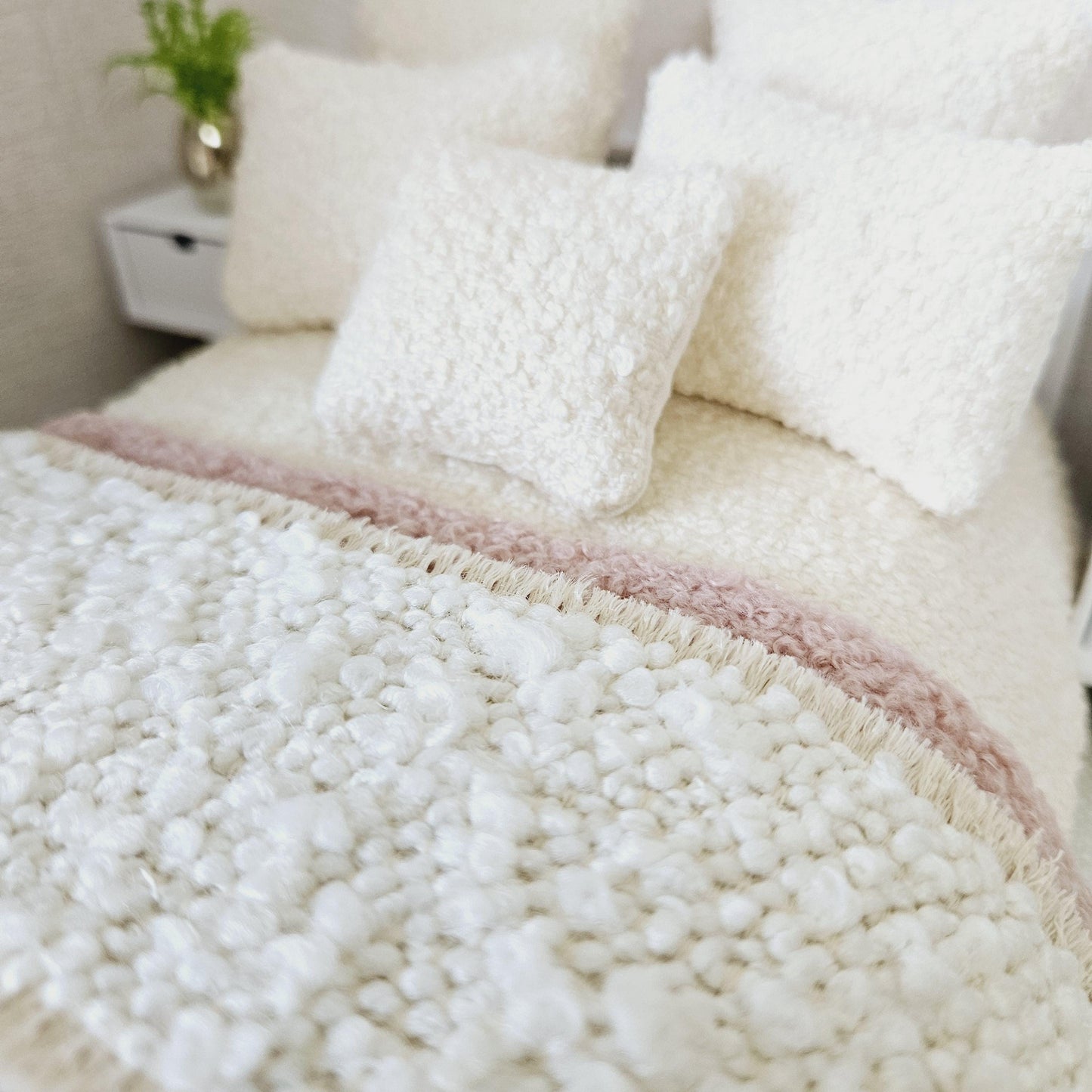 Dolls house 8 piece set, Double bedding, Cosy Cream boucle with pink throw & cream throw, 12th scale bedding, miniature bed set