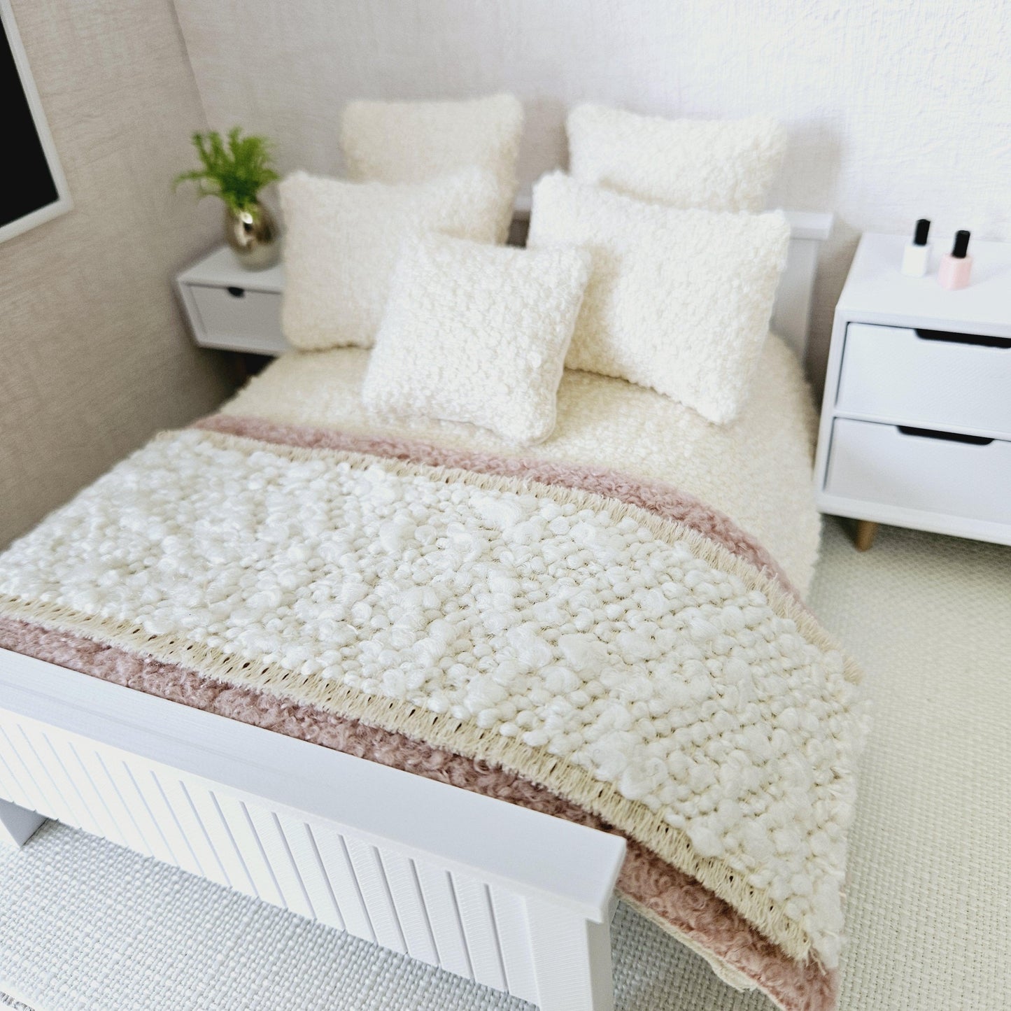 Dolls house 8 piece set, Double bedding, Cosy Cream boucle with pink throw & cream throw, 12th scale bedding, miniature bed set