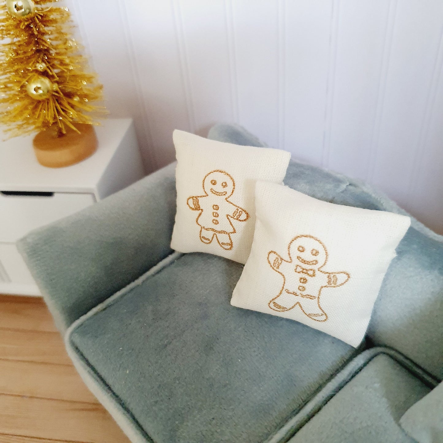 Dolls house Christmas Mr and Mrs Gingerbread Cushions, 12th scale cushions, miniature cushions
