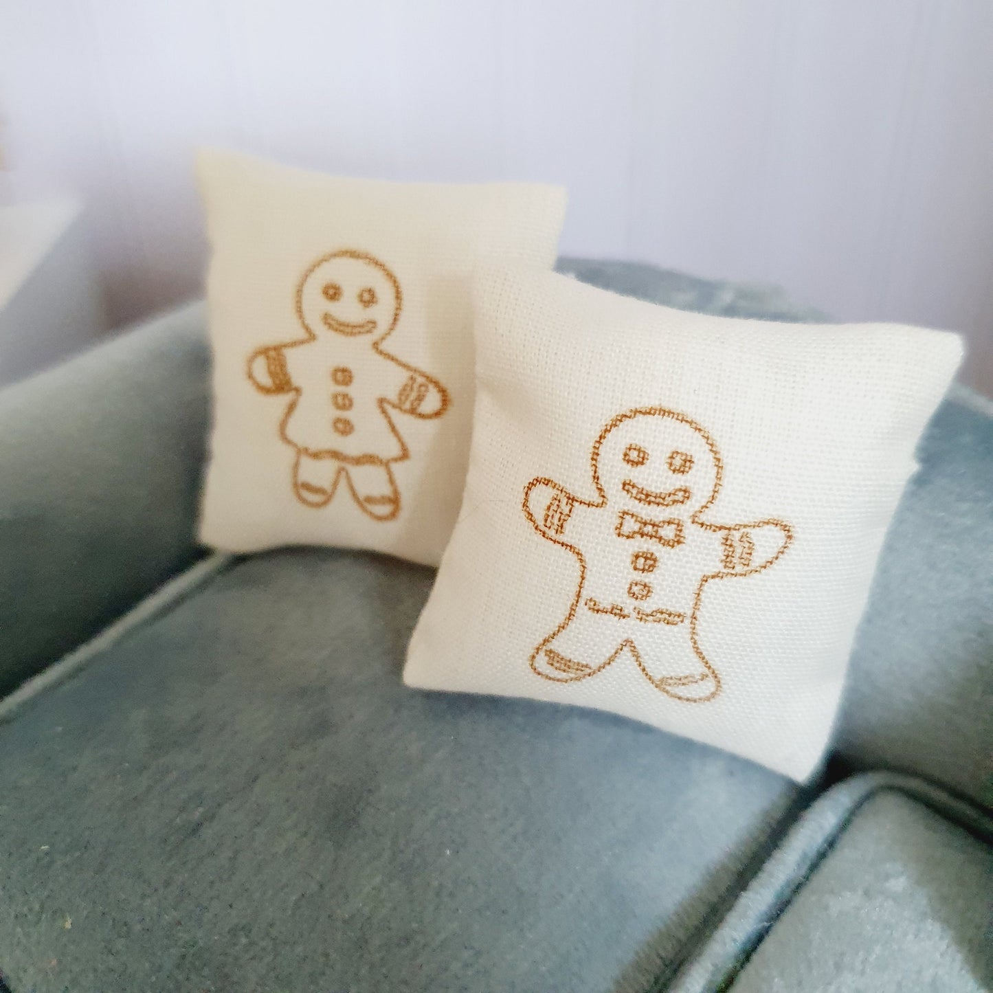 Dolls house Christmas Mr and Mrs Gingerbread Cushions, 12th scale cushions, miniature cushions