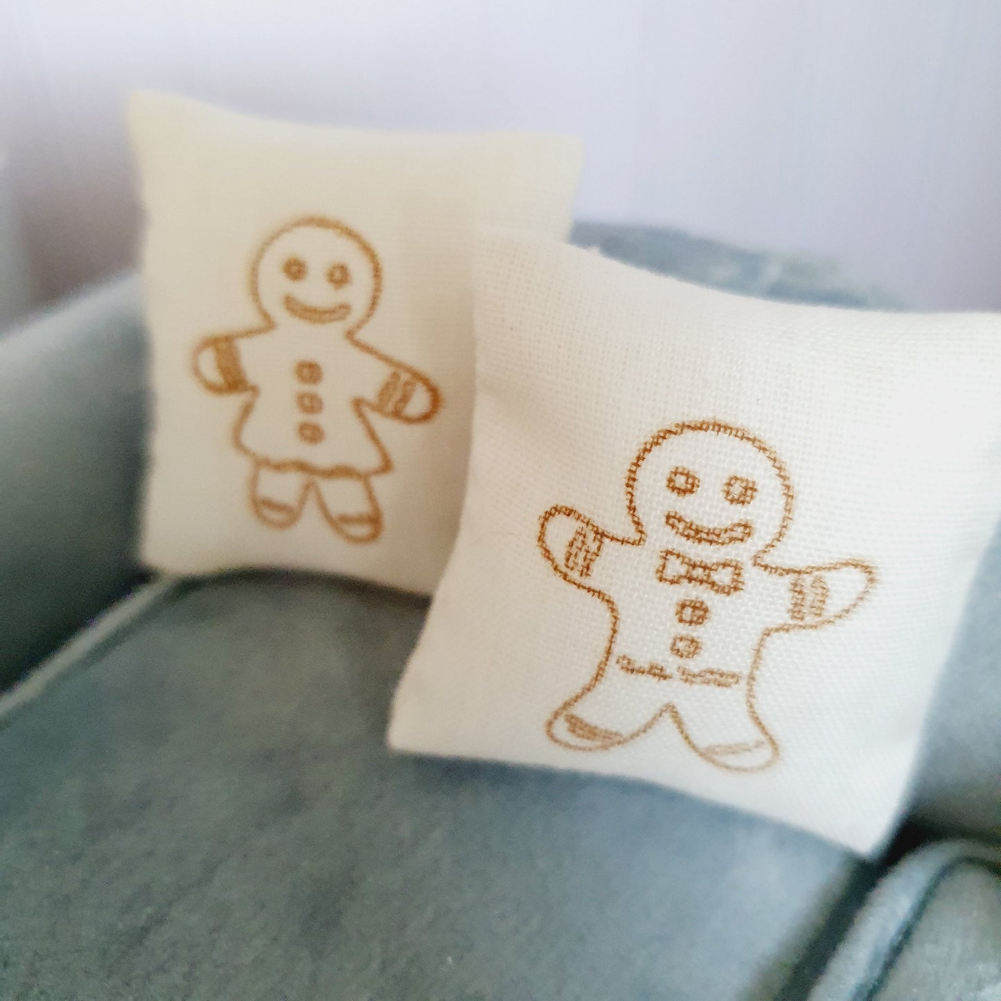 Dolls house Christmas Mr and Mrs Gingerbread Cushions, 12th scale cushions, miniature cushions