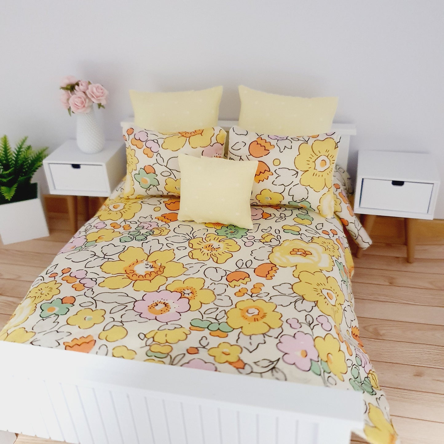 Dolls house 6 piece set, Spring Double bedding, Liberty Betsy Yellow floral print, 12th scale bedding, miniature bed set