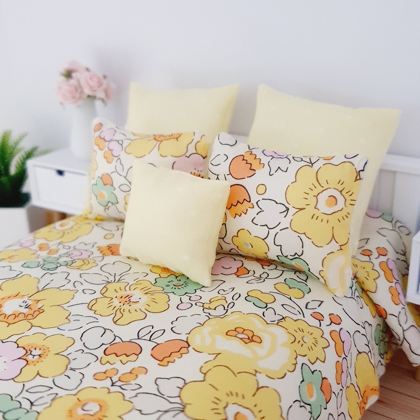 Dolls house 6 piece set, Spring Double bedding, Liberty Betsy Yellow floral print, 12th scale bedding, miniature bed set