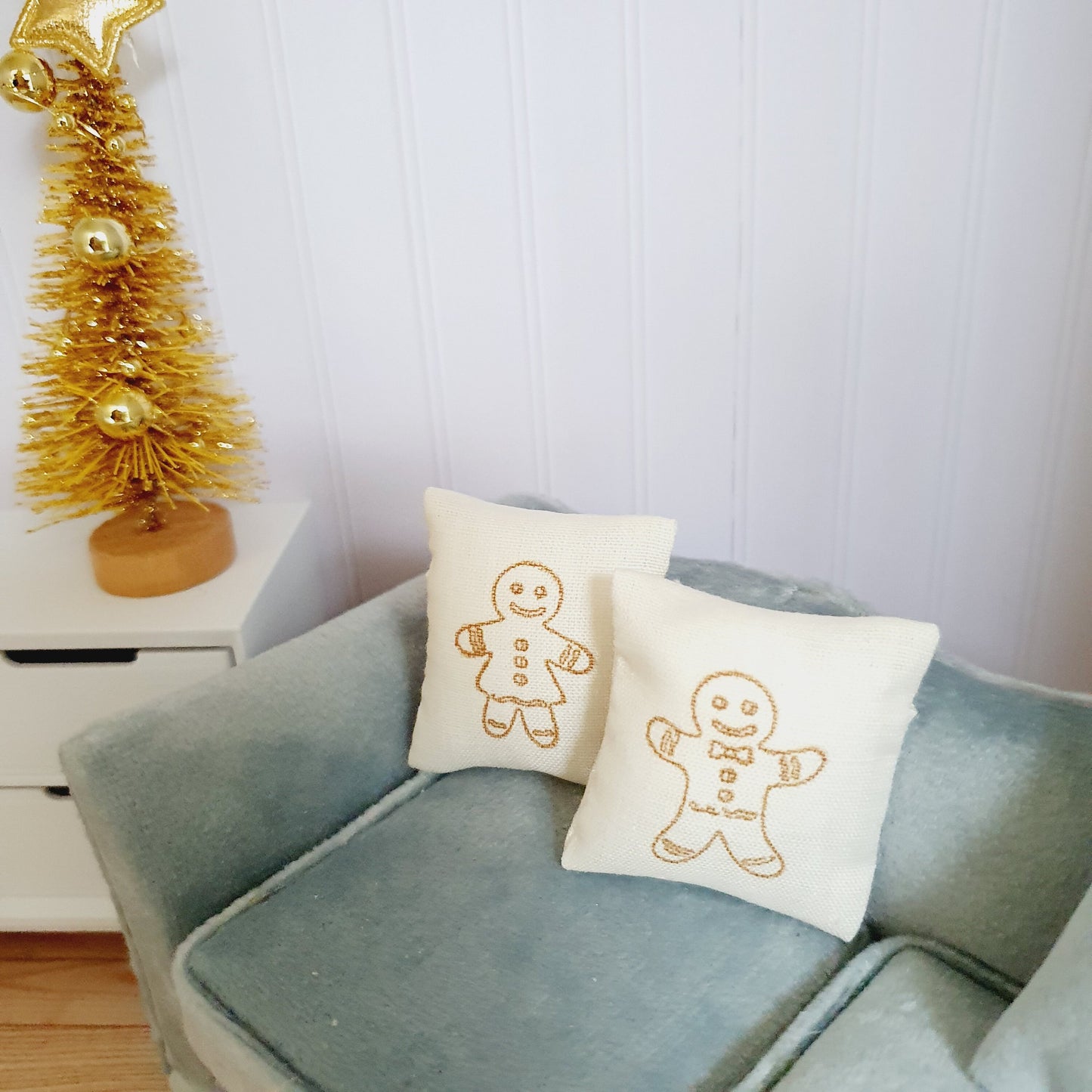Dolls house Christmas Mr and Mrs Gingerbread Cushions, 12th scale cushions, miniature cushions