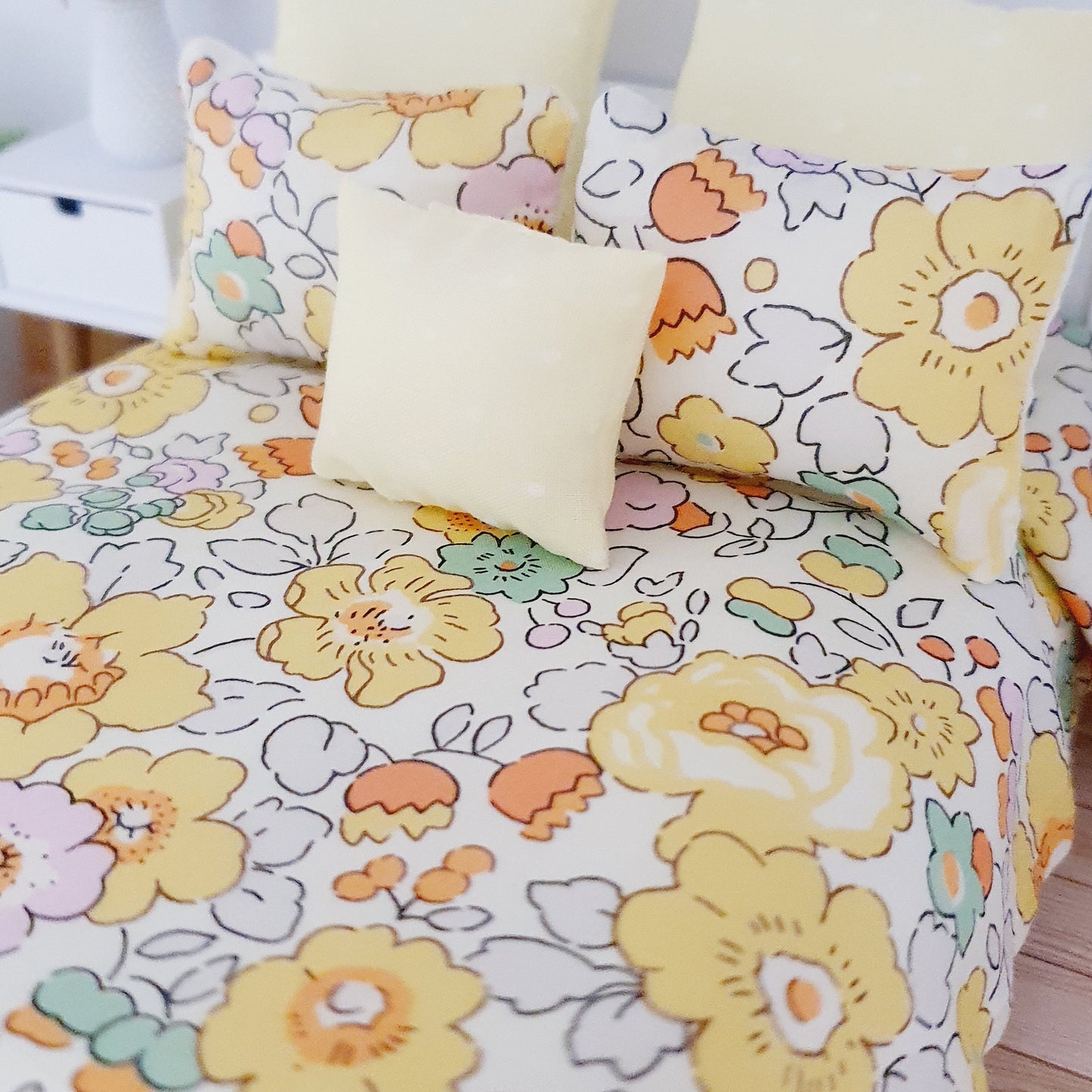 Dolls house 6 piece set, Spring Double bedding, Liberty Betsy Yellow floral print, 12th scale bedding, miniature bed set