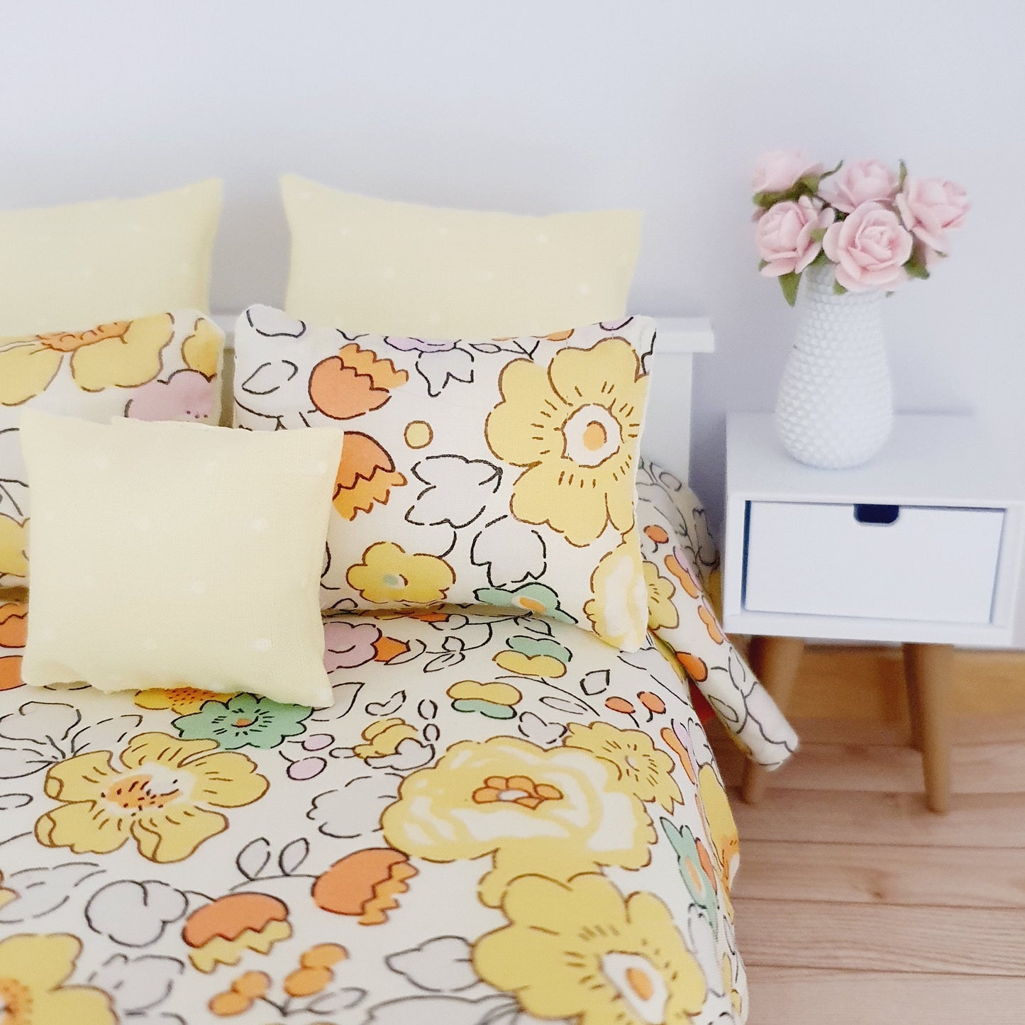 Dolls house 6 piece set, Spring Double bedding, Liberty Betsy Yellow floral print, 12th scale bedding, miniature bed set