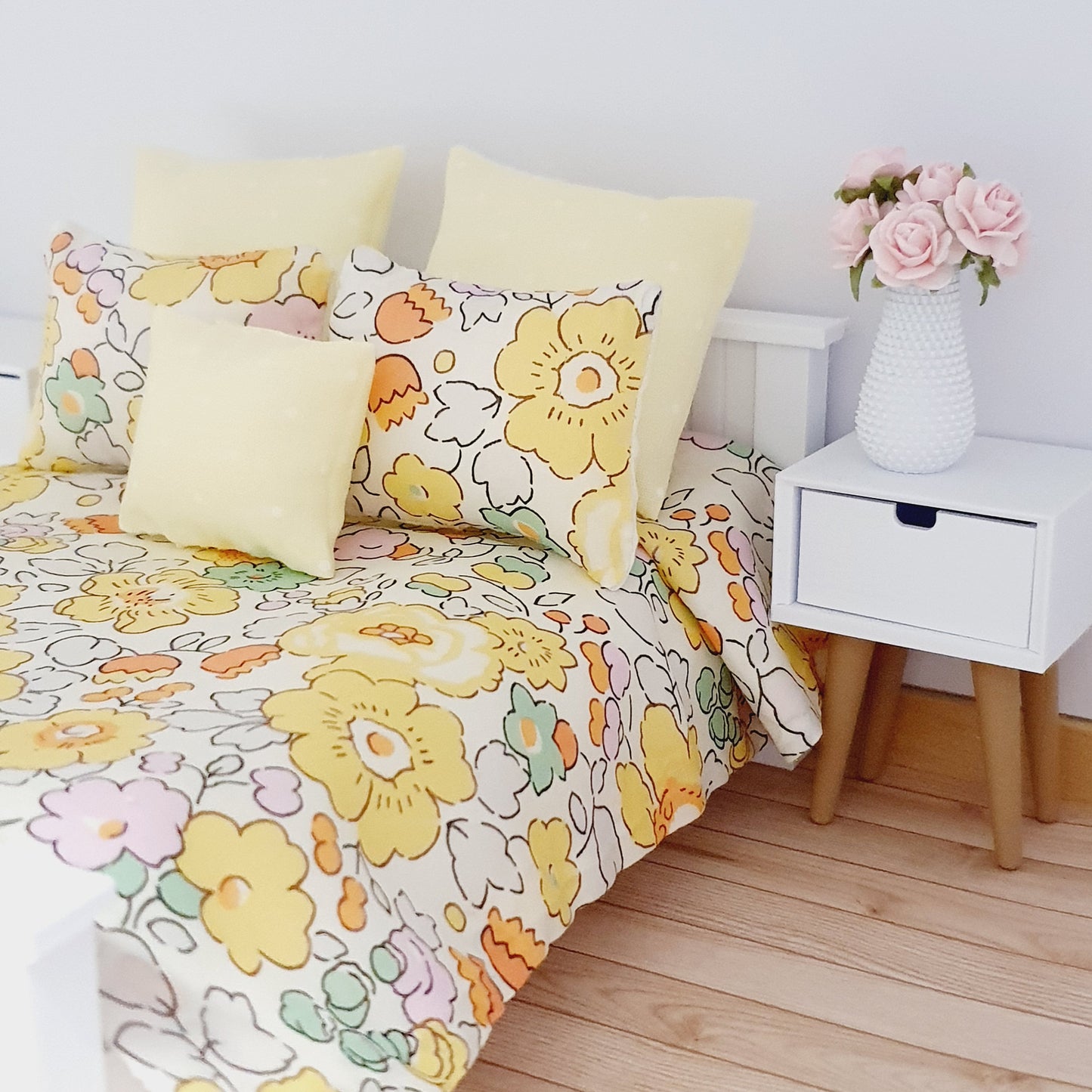 Dolls house 6 piece set, Spring Double bedding, Liberty Betsy Yellow floral print, 12th scale bedding, miniature bed set