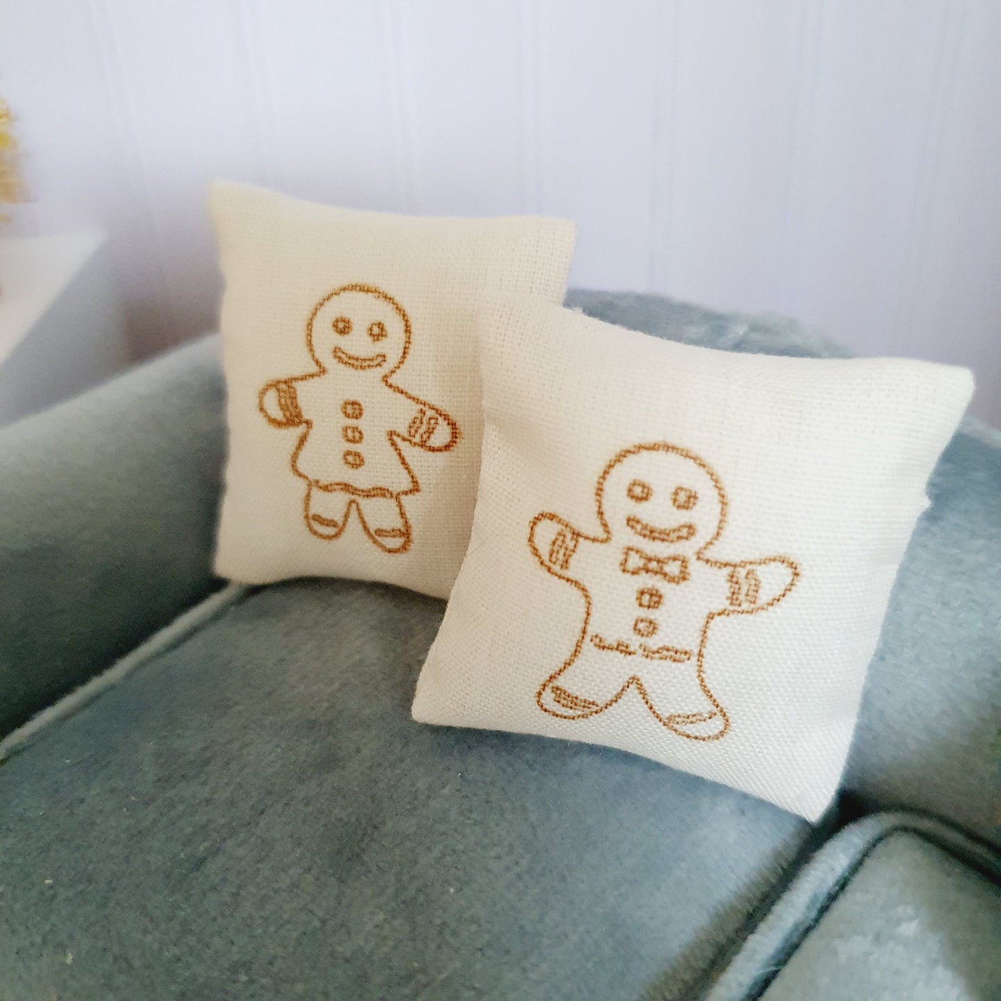 Dolls house Christmas Mr and Mrs Gingerbread Cushions, 12th scale cushions, miniature cushions