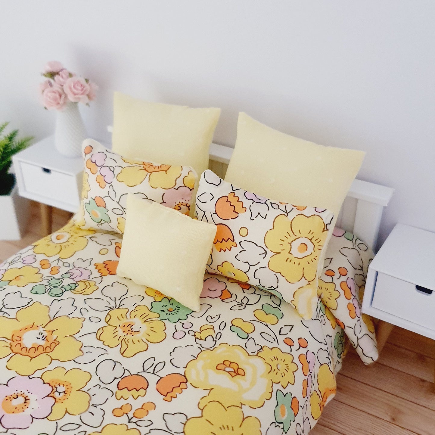 Dolls house 6 piece set, Spring Double bedding, Liberty Betsy Yellow floral print, 12th scale bedding, miniature bed set
