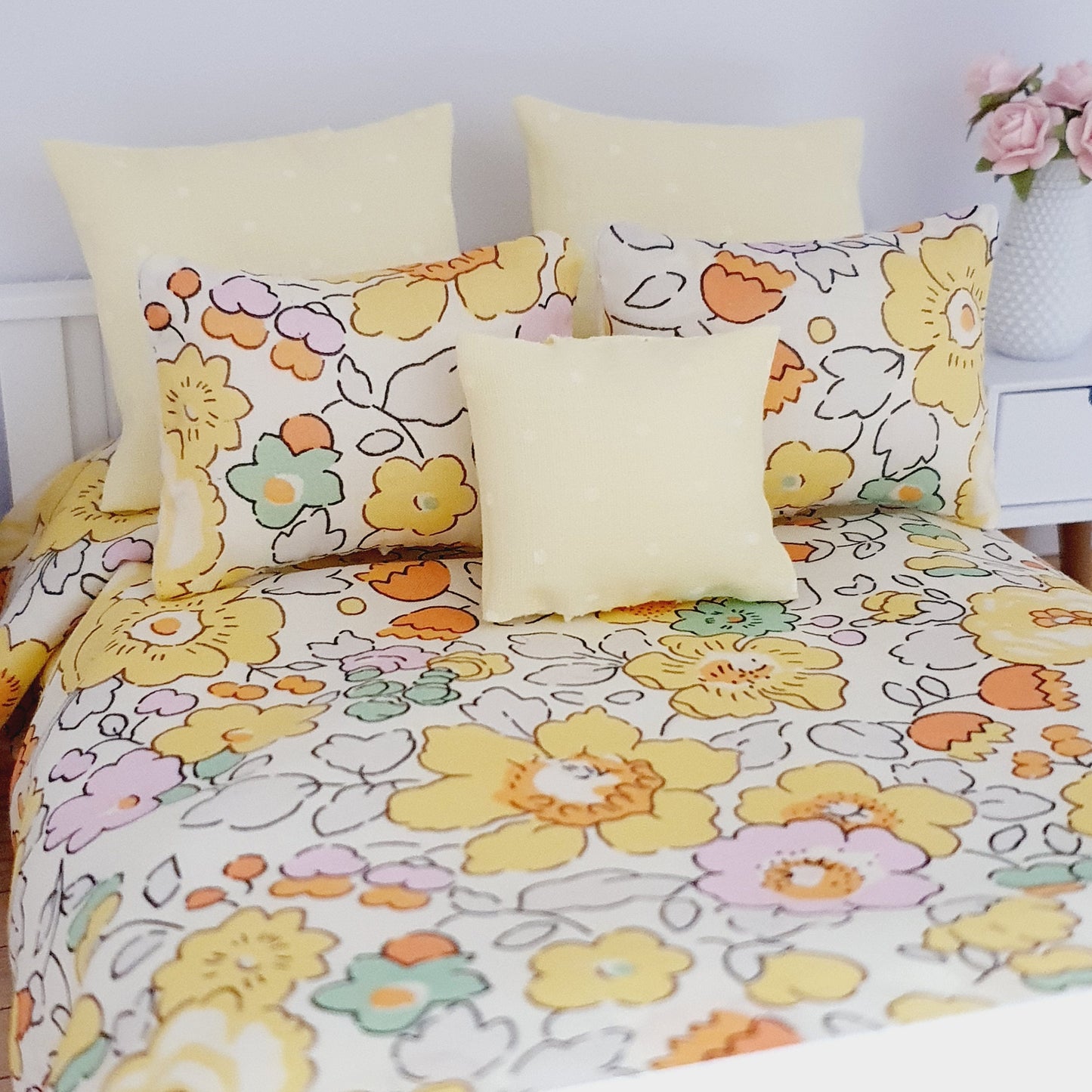 Dolls house 6 piece set, Spring Double bedding, Liberty Betsy Yellow floral print, 12th scale bedding, miniature bed set