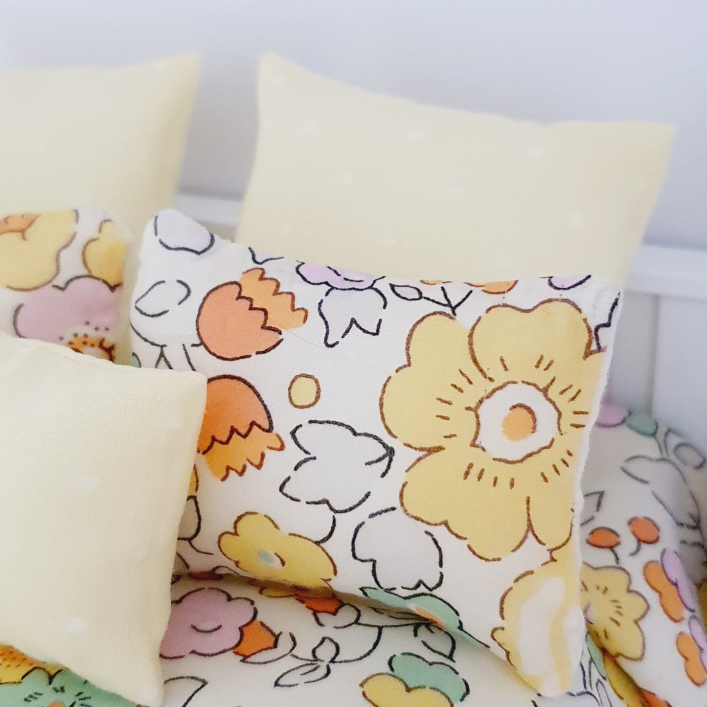 Dolls house 6 piece set, Spring Double bedding, Liberty Betsy Yellow floral print, 12th scale bedding, miniature bed set