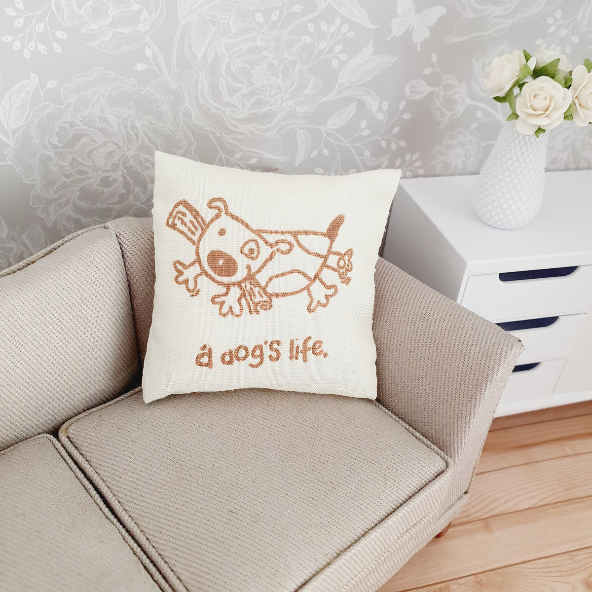 Dolls house A Dogs Life Cushion | Quote Cushion | 12th scale cushions, miniature cushions