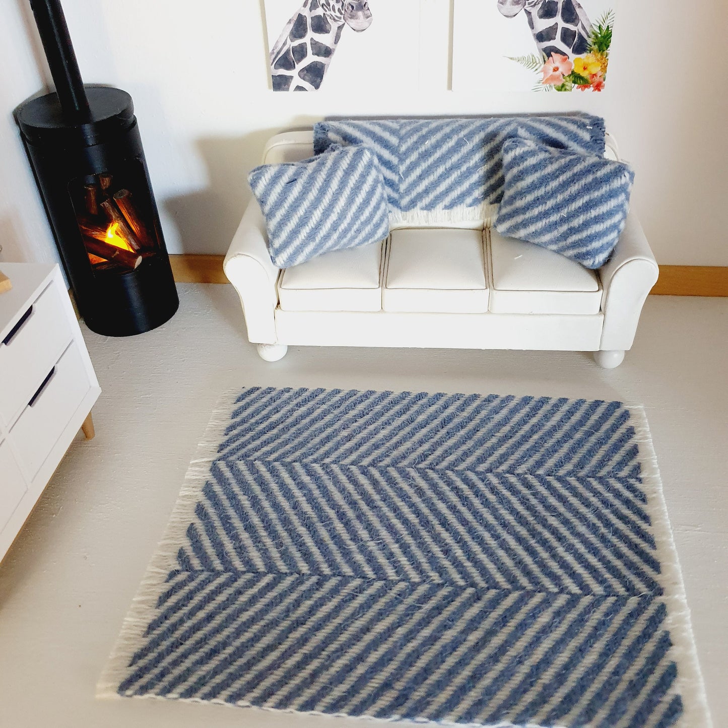 Dolls House Blue Herringbone Rug | 1:12th Scale | Miniature Rug