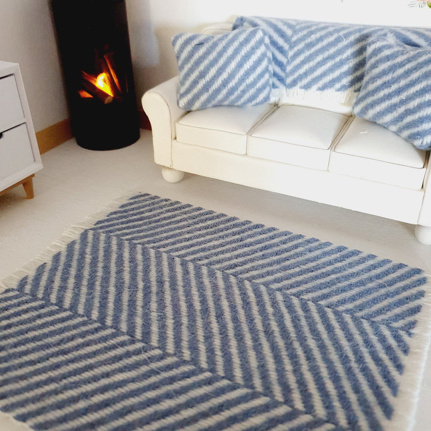 Dolls House Blue Herringbone Rug | 1:12th Scale | Miniature Rug