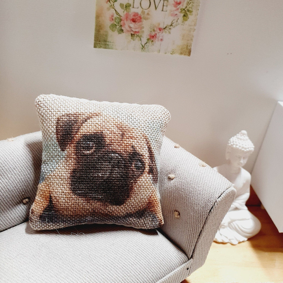 Dolls house 1x Dog cushion, Pug Dog, 12th scale cushions, miniature cushion