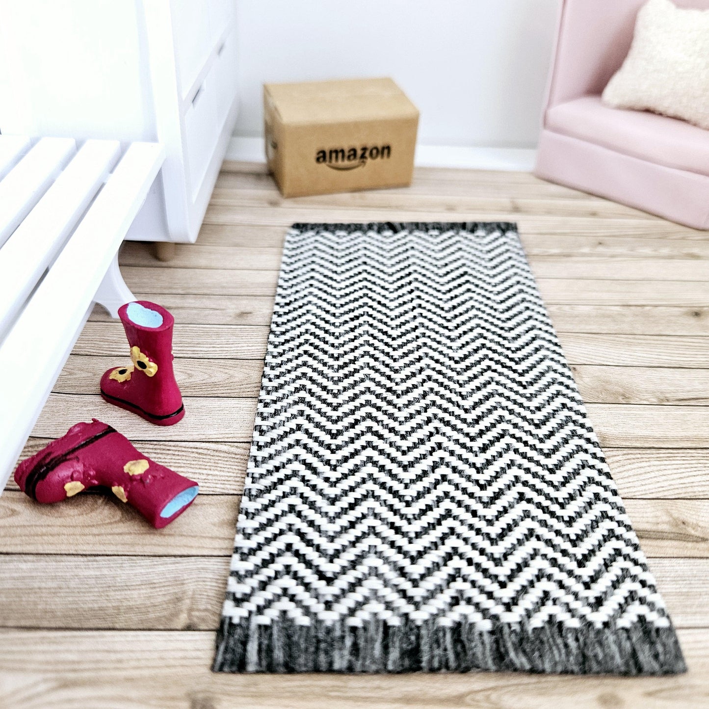 Dolls House Dark Grey Herringbone Rug / Runner | 1:12th Scale | Miniature Rug