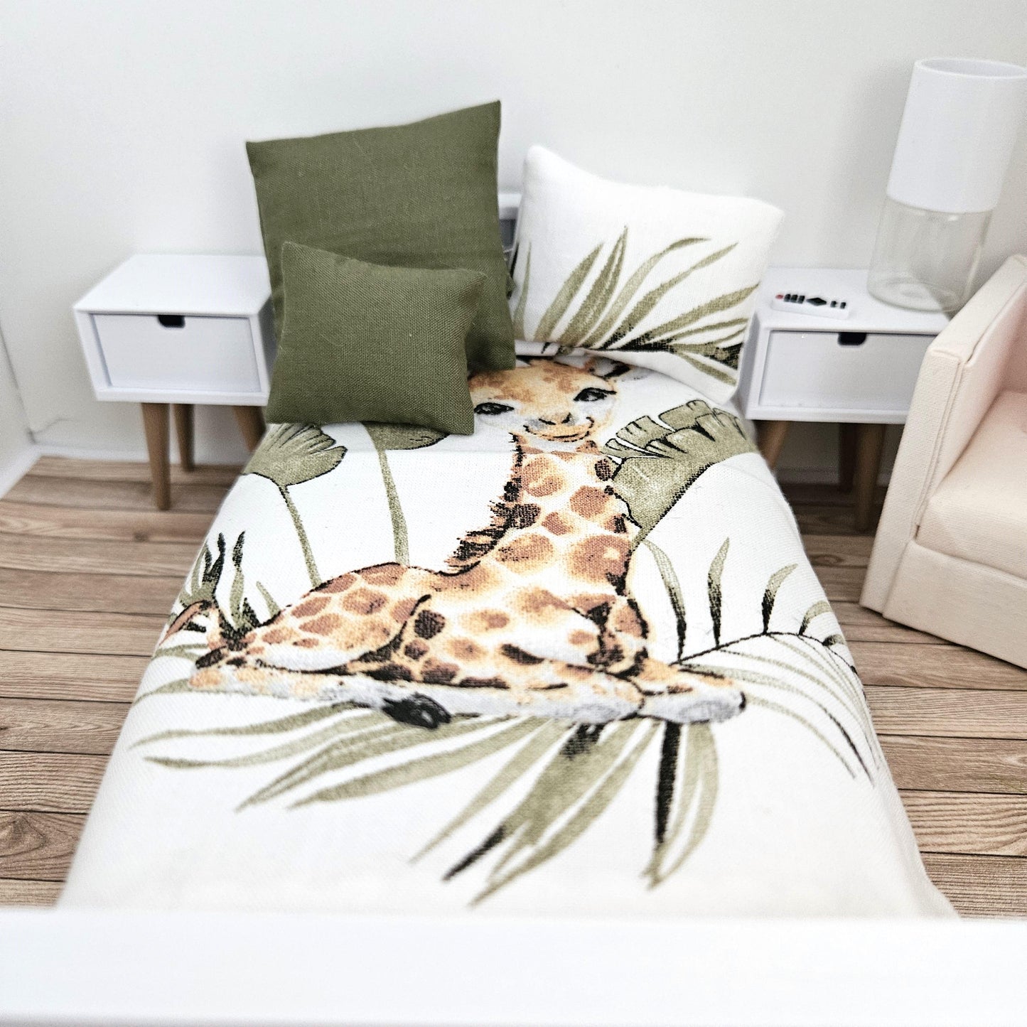 Dolls house Single bedding, Cute Giraffe design, 12th scale bedding, miniature bed set