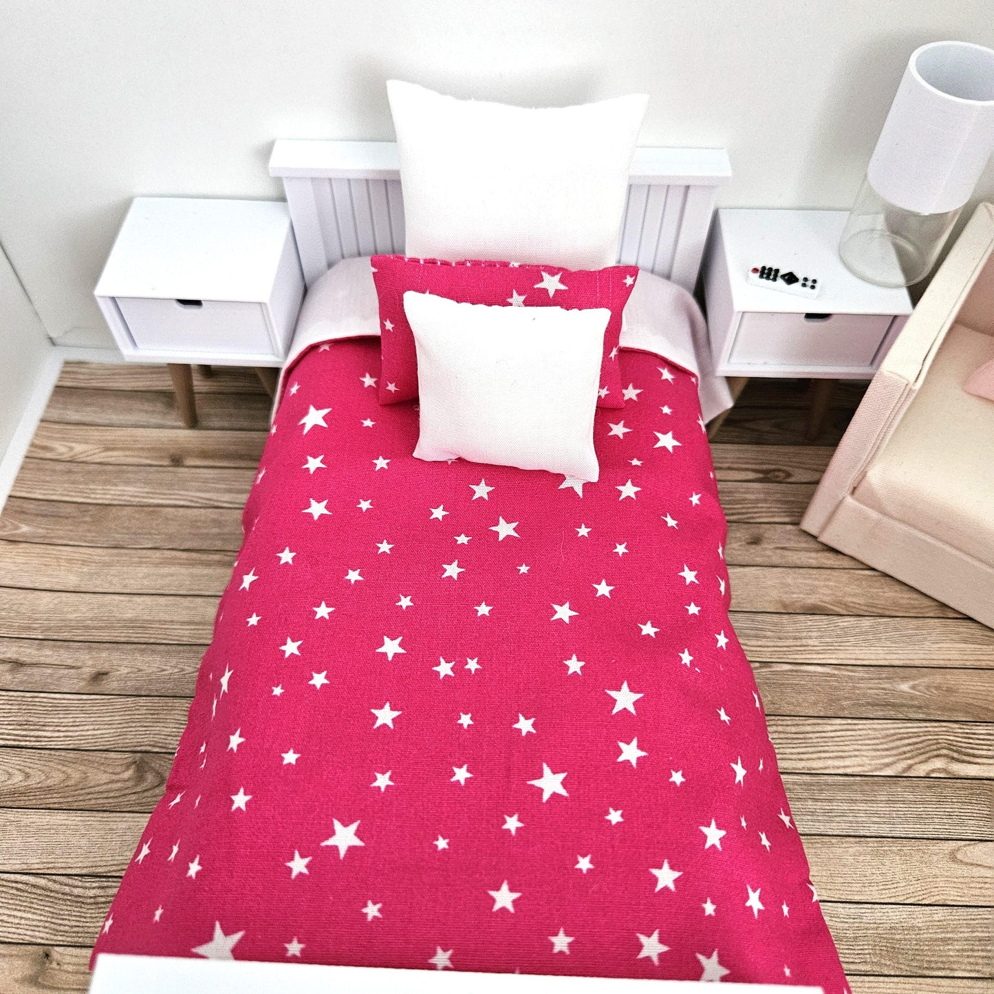 Dolls house Single bedding, Pink stars design, 12th scale bedding, miniature bed set