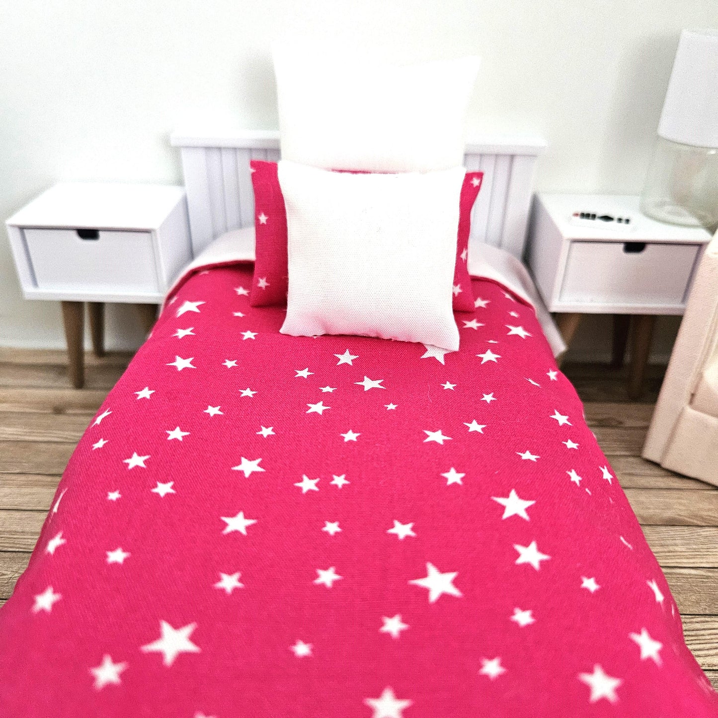 Dolls house Single bedding, Pink stars design, 12th scale bedding, miniature bed set