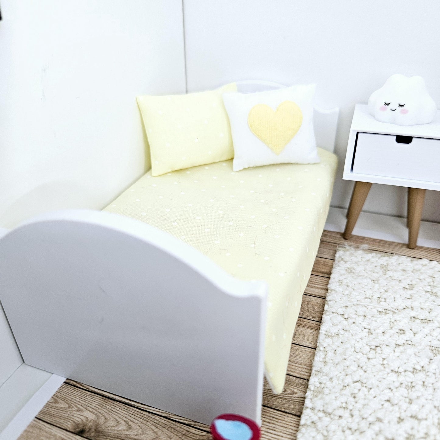 Dolls house Junior bedding, Yellow polka dot design, 12th scale bedding, miniature bed set