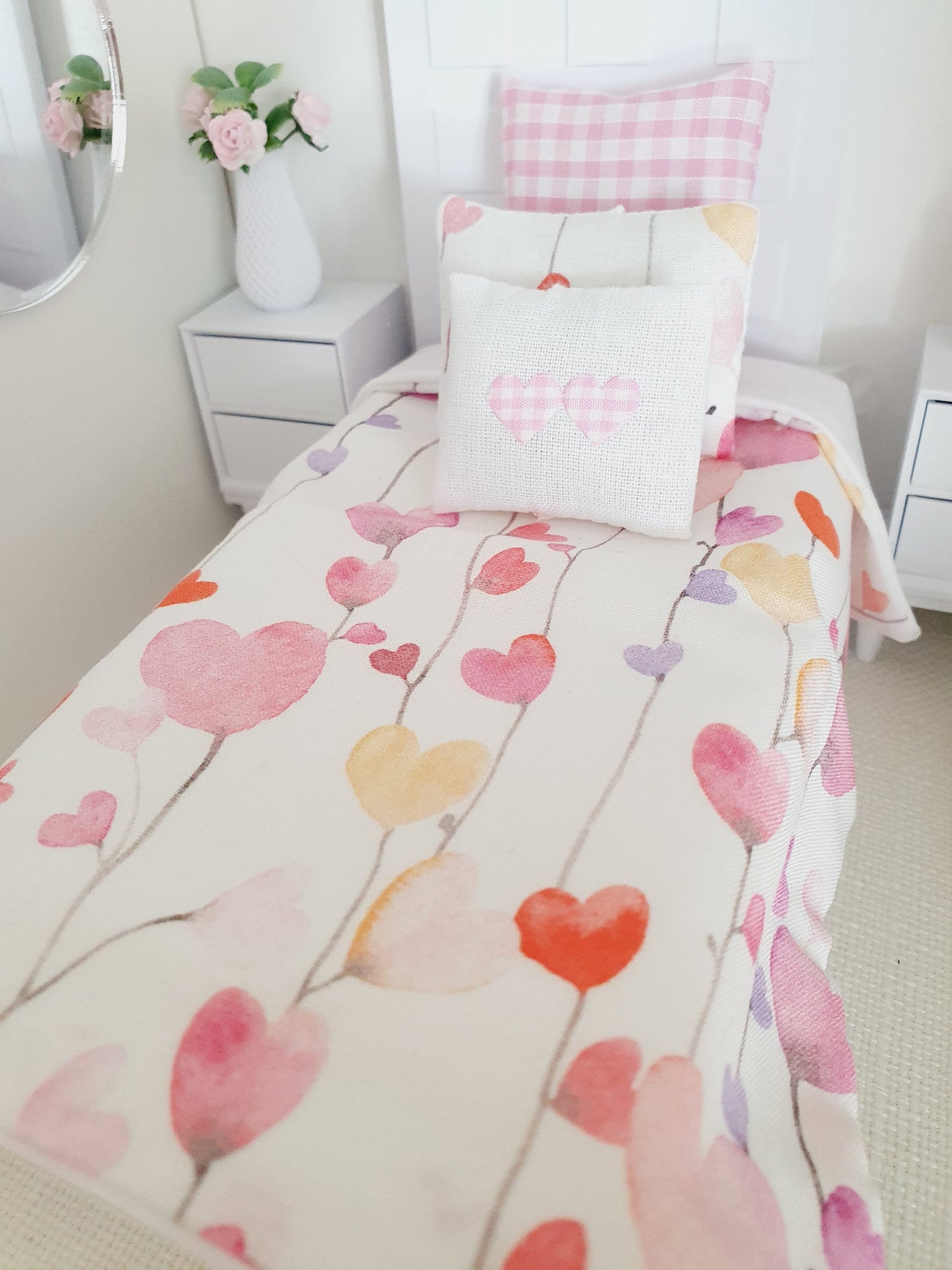Dolls house Single bedding, pretty heart design, 12th scale bedding, miniature bed set