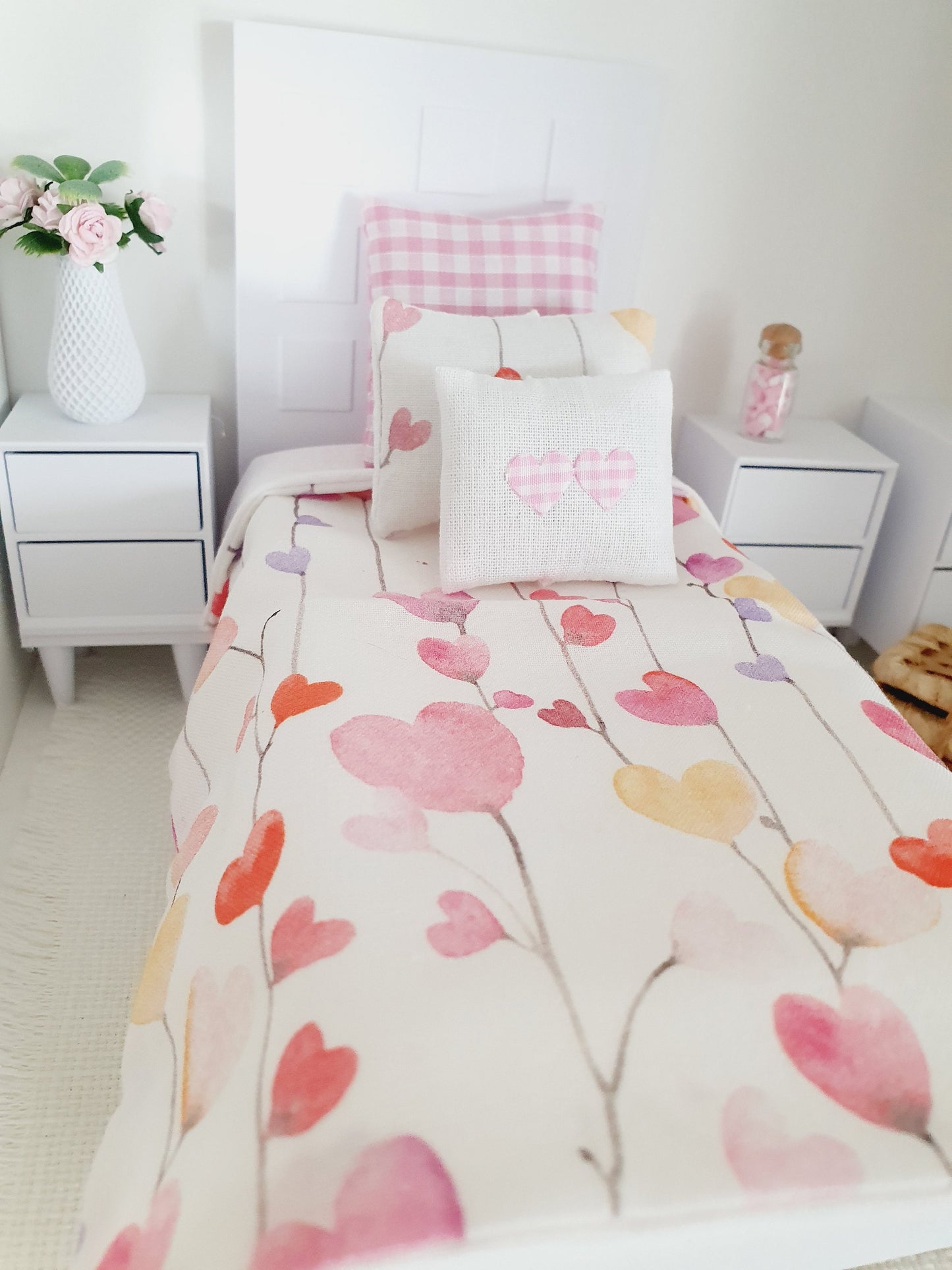 Dolls house Single bedding, pretty heart design, 12th scale bedding, miniature bed set