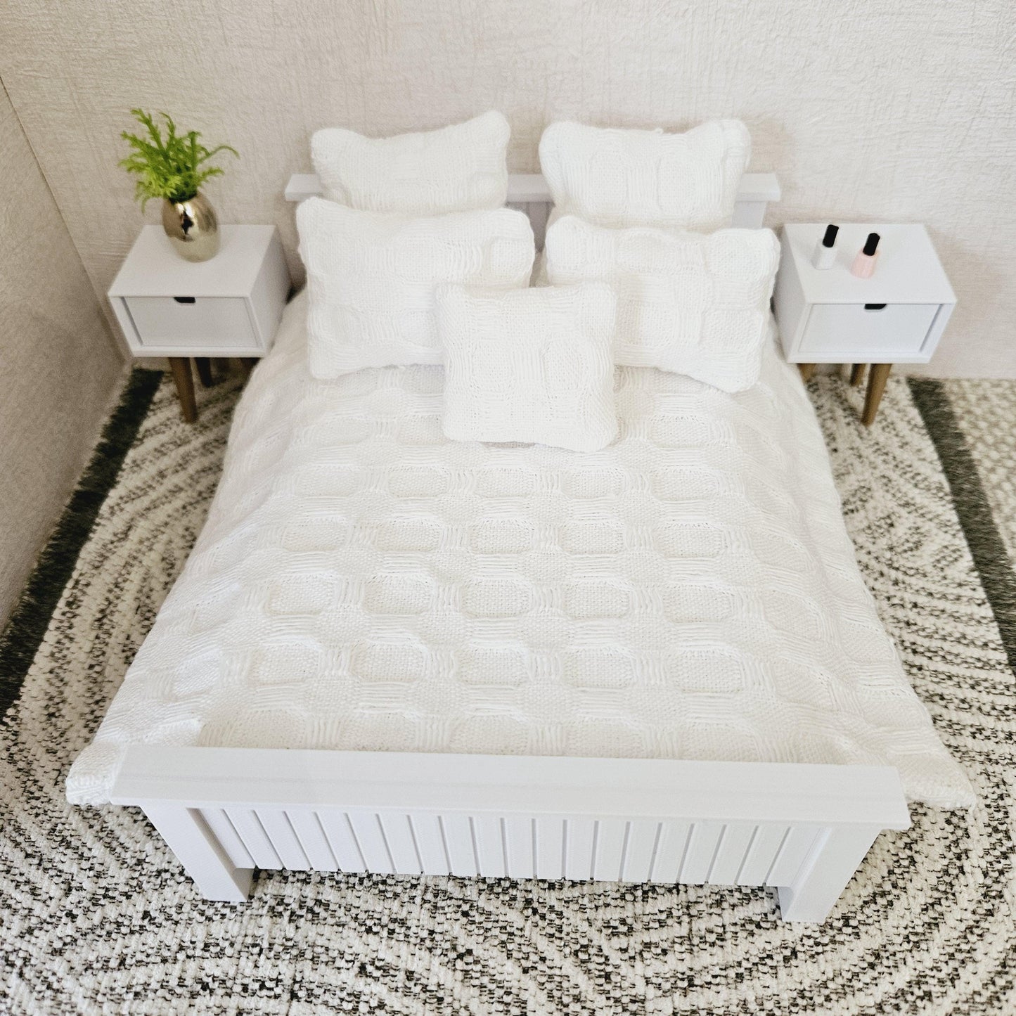 Dolls house 6 piece set, Pretty Waffle White double bedding set, 12th scale, miniature bedding