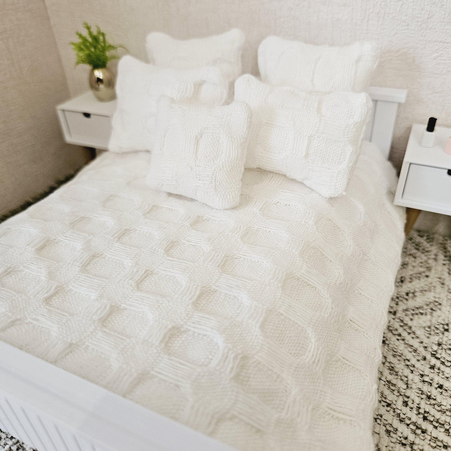 Dolls house 6 piece set, Pretty Waffle White double bedding set, 12th scale, miniature bedding