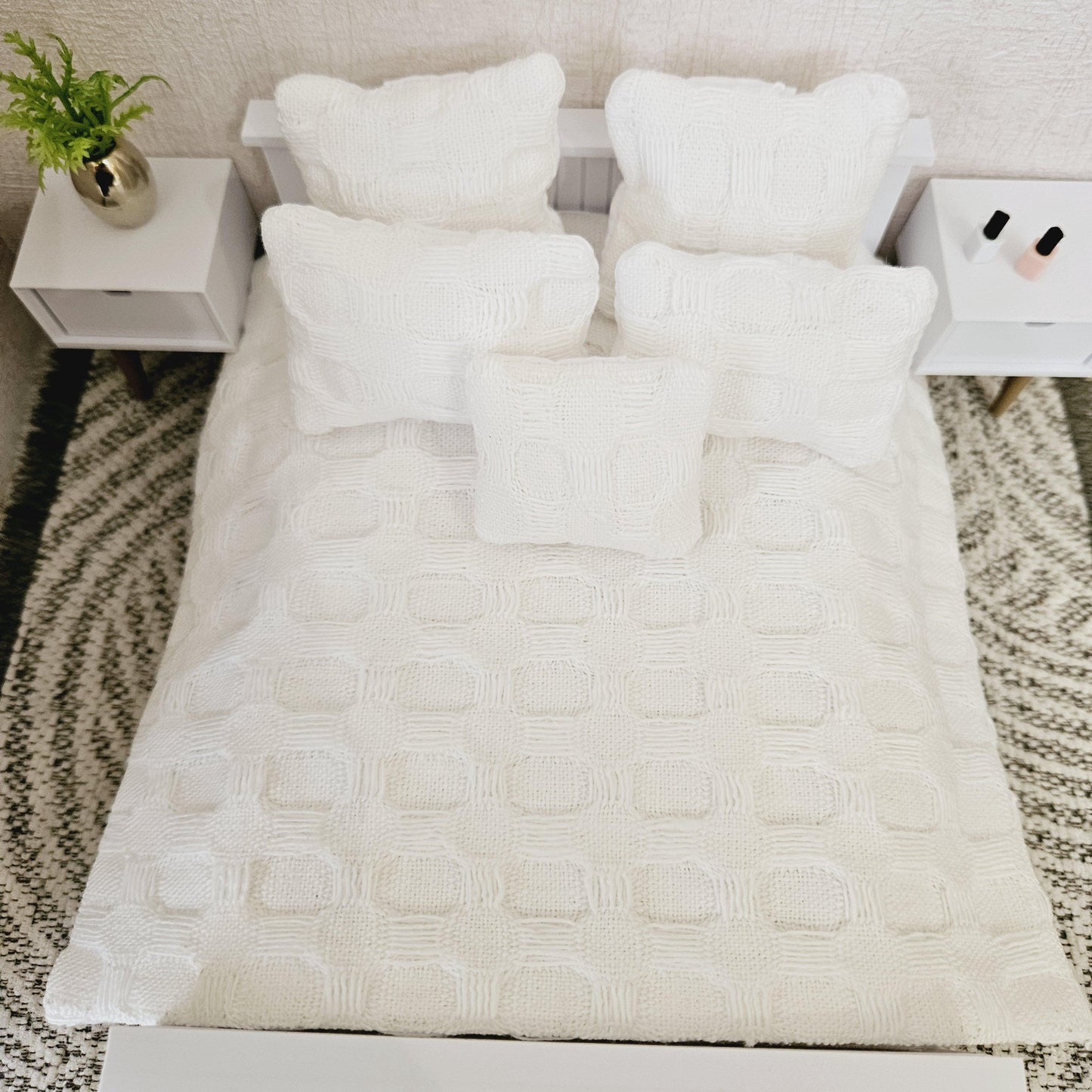 Dolls house 6 piece set, Pretty Waffle White double bedding set, 12th scale, miniature bedding