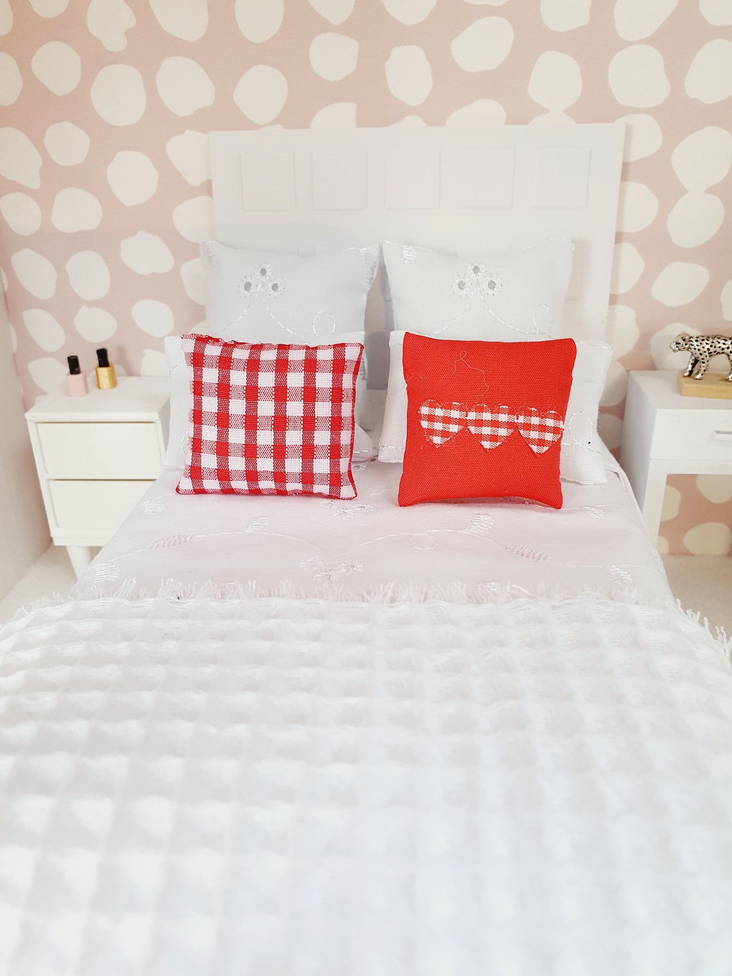 Dolls house 2x cushions, 1x Red check & 1x Red with Red check Love Hearts, 12th scale cushions, miniature cushions