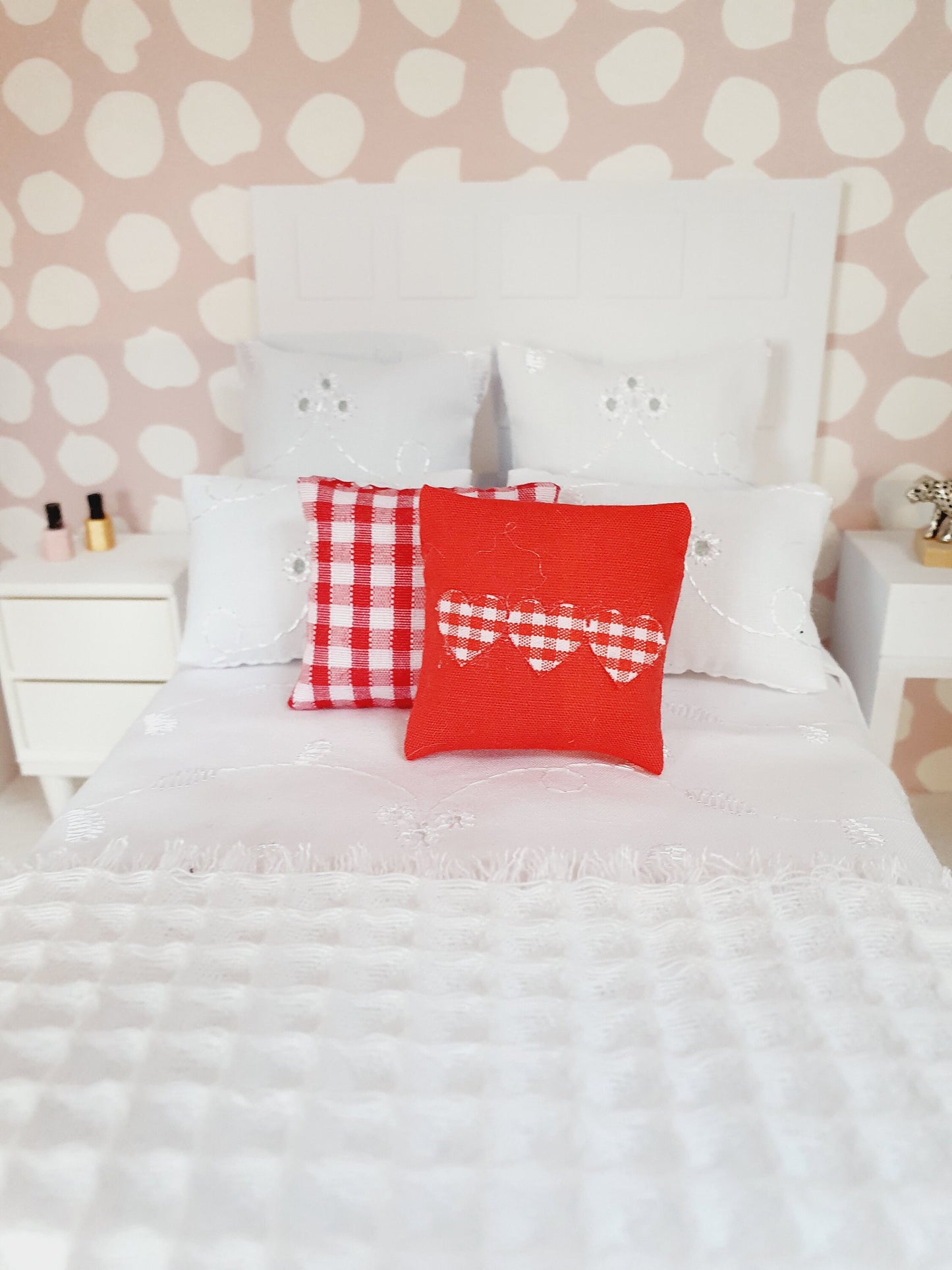 Dolls house 2x cushions, 1x Red check & 1x Red with Red check Love Hearts, 12th scale cushions, miniature cushions