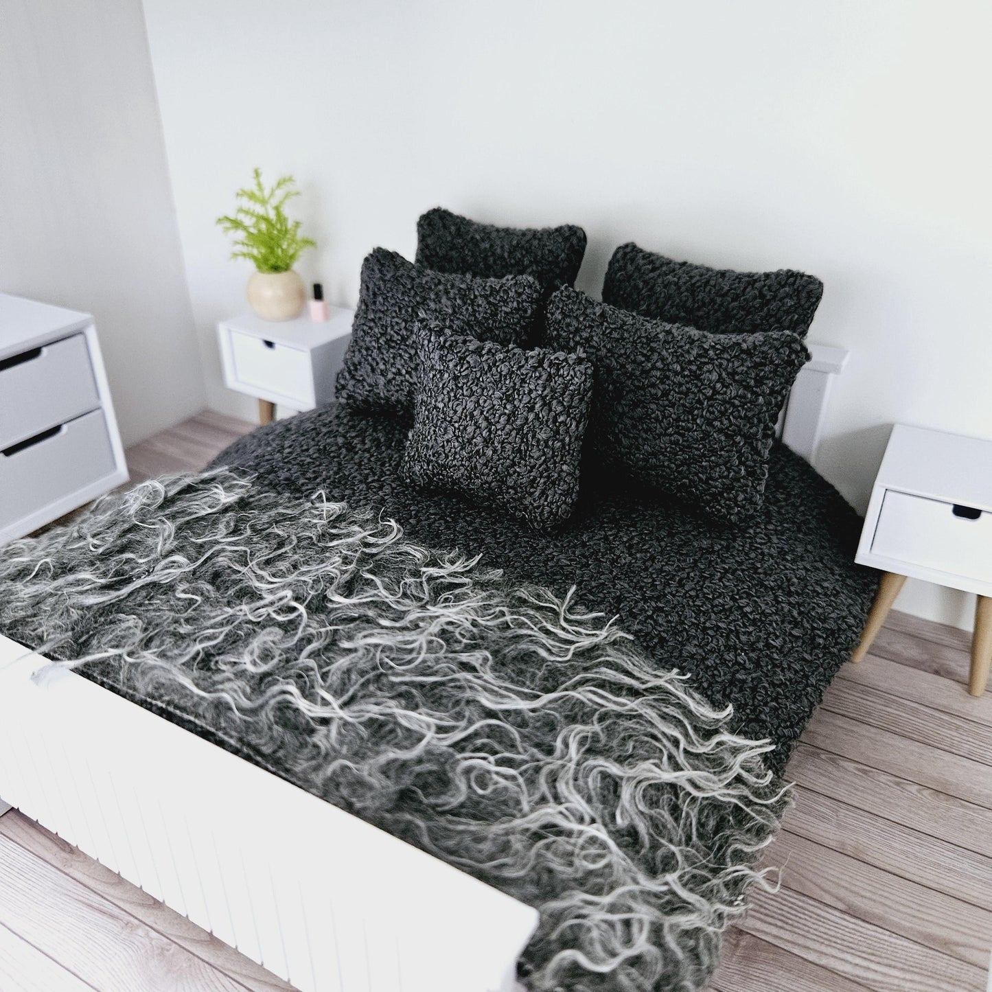 Dolls house 7 piece set, Double bedding, Cosy Steel Grey boucle with grey fur throw, 12th scale bedding, miniature bed set