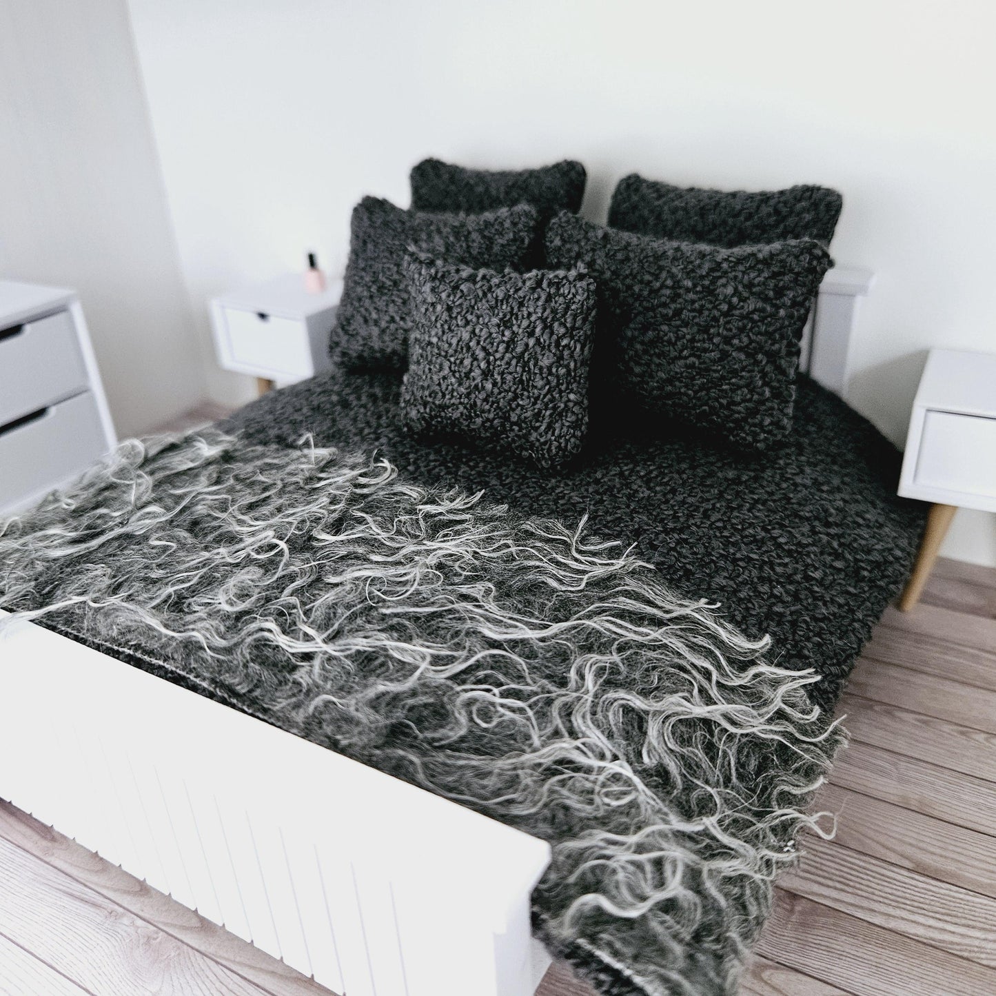Dolls house 7 piece set, Double bedding, Cosy Steel Grey boucle with grey fur throw, 12th scale bedding, miniature bed set