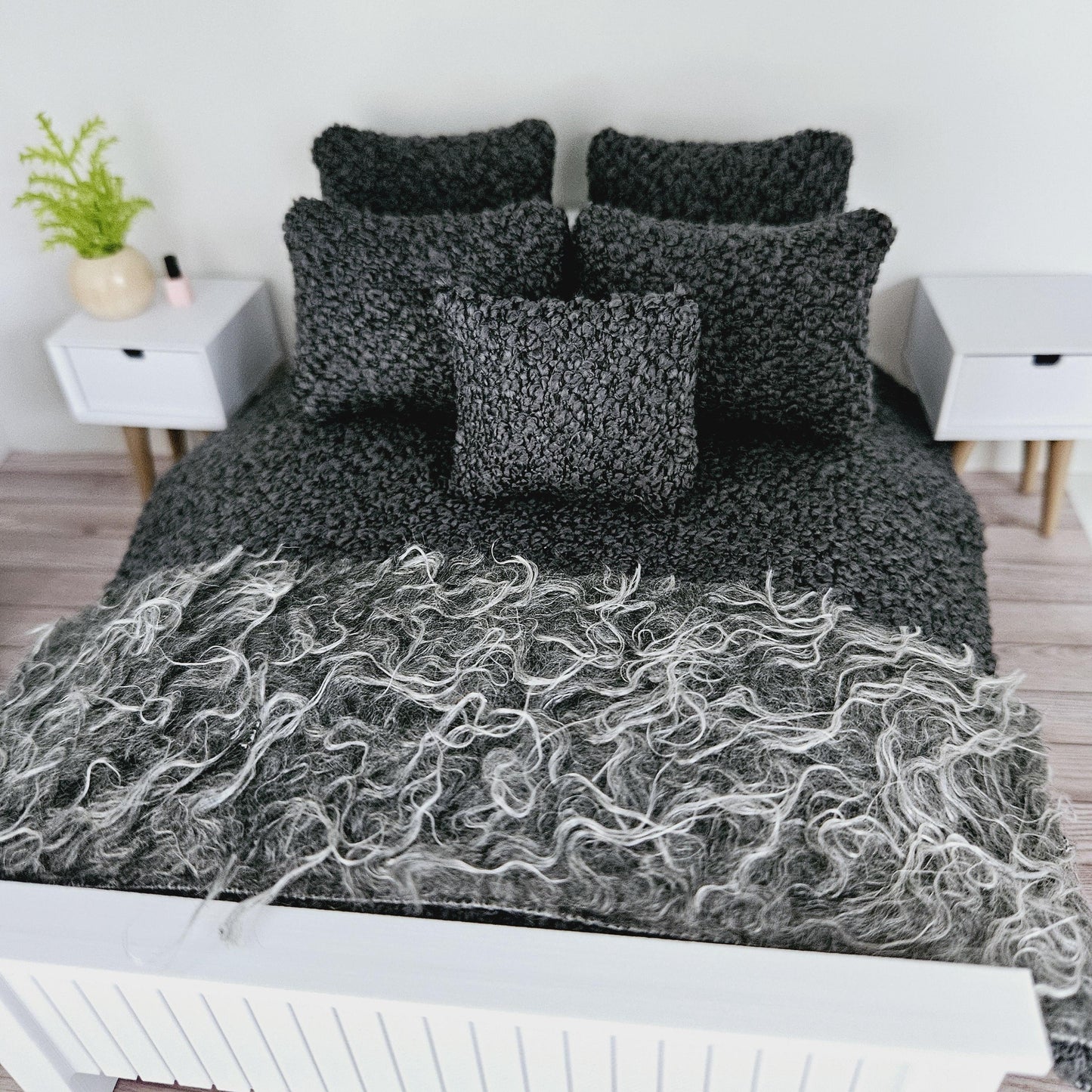 Dolls house 7 piece set, Double bedding, Cosy Steel Grey boucle with grey fur throw, 12th scale bedding, miniature bed set