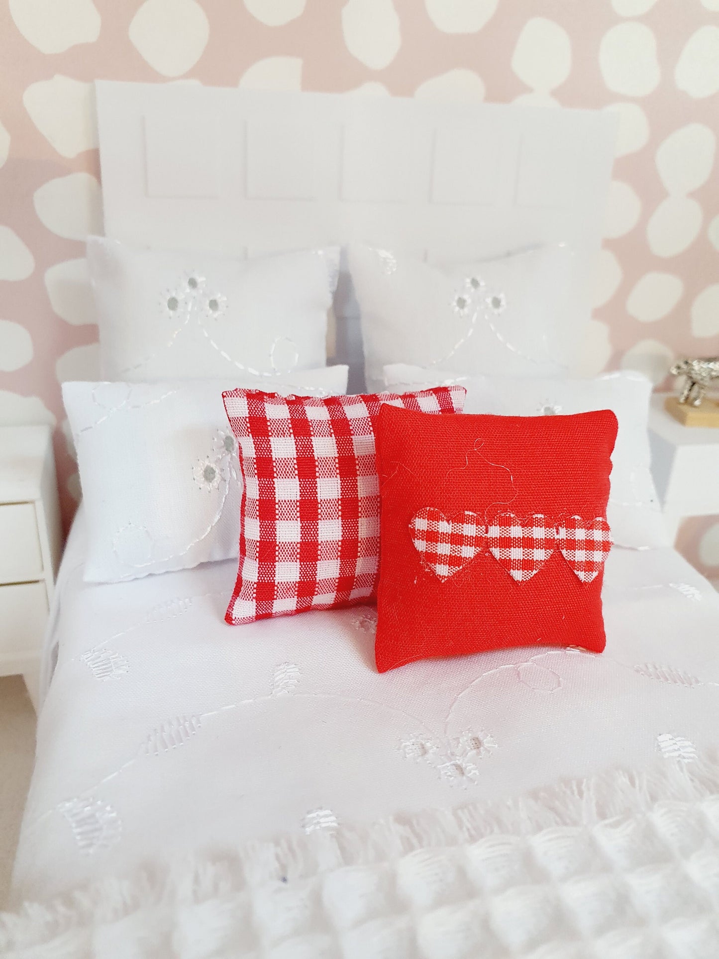 Dolls house 2x cushions, 1x Red check & 1x Red with Red check Love Hearts, 12th scale cushions, miniature cushions