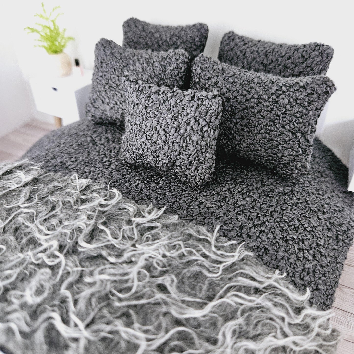 Dolls house 7 piece set, Double bedding, Cosy Steel Grey boucle with grey fur throw, 12th scale bedding, miniature bed set