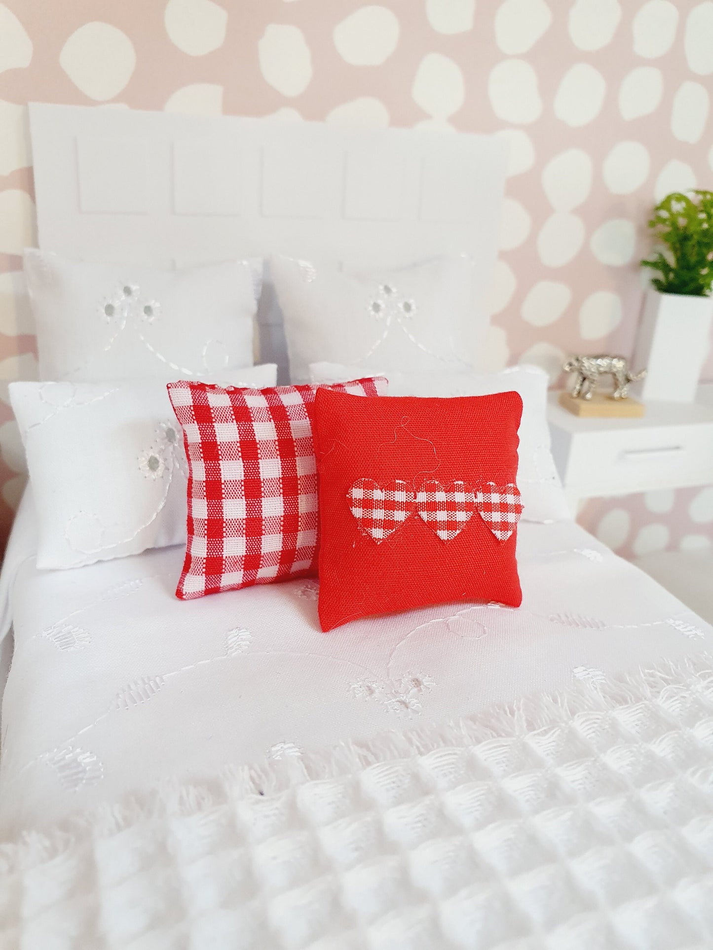 Dolls house 2x cushions, 1x Red check & 1x Red with Red check Love Hearts, 12th scale cushions, miniature cushions