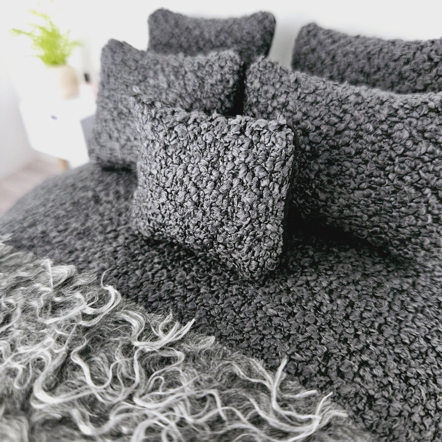 Dolls house 7 piece set, Double bedding, Cosy Steel Grey boucle with grey fur throw, 12th scale bedding, miniature bed set