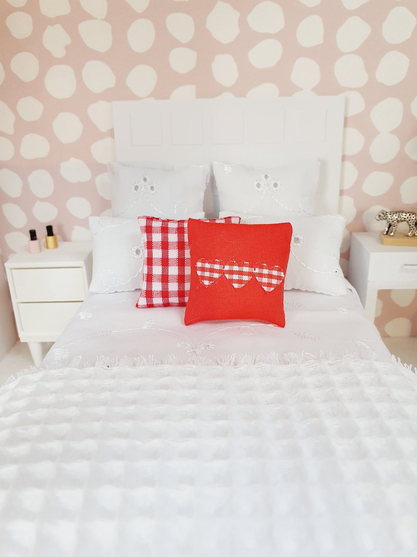 Dolls house 2x cushions, 1x Red check & 1x Red with Red check Love Hearts, 12th scale cushions, miniature cushions