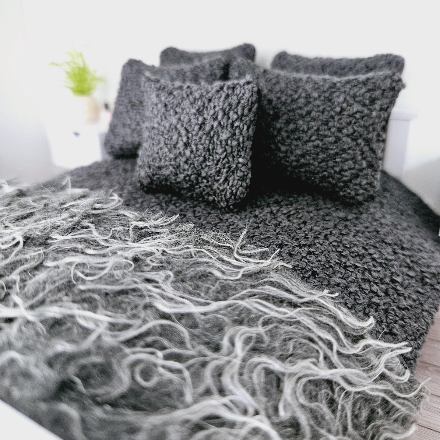 Dolls house 7 piece set, Double bedding, Cosy Steel Grey boucle with grey fur throw, 12th scale bedding, miniature bed set